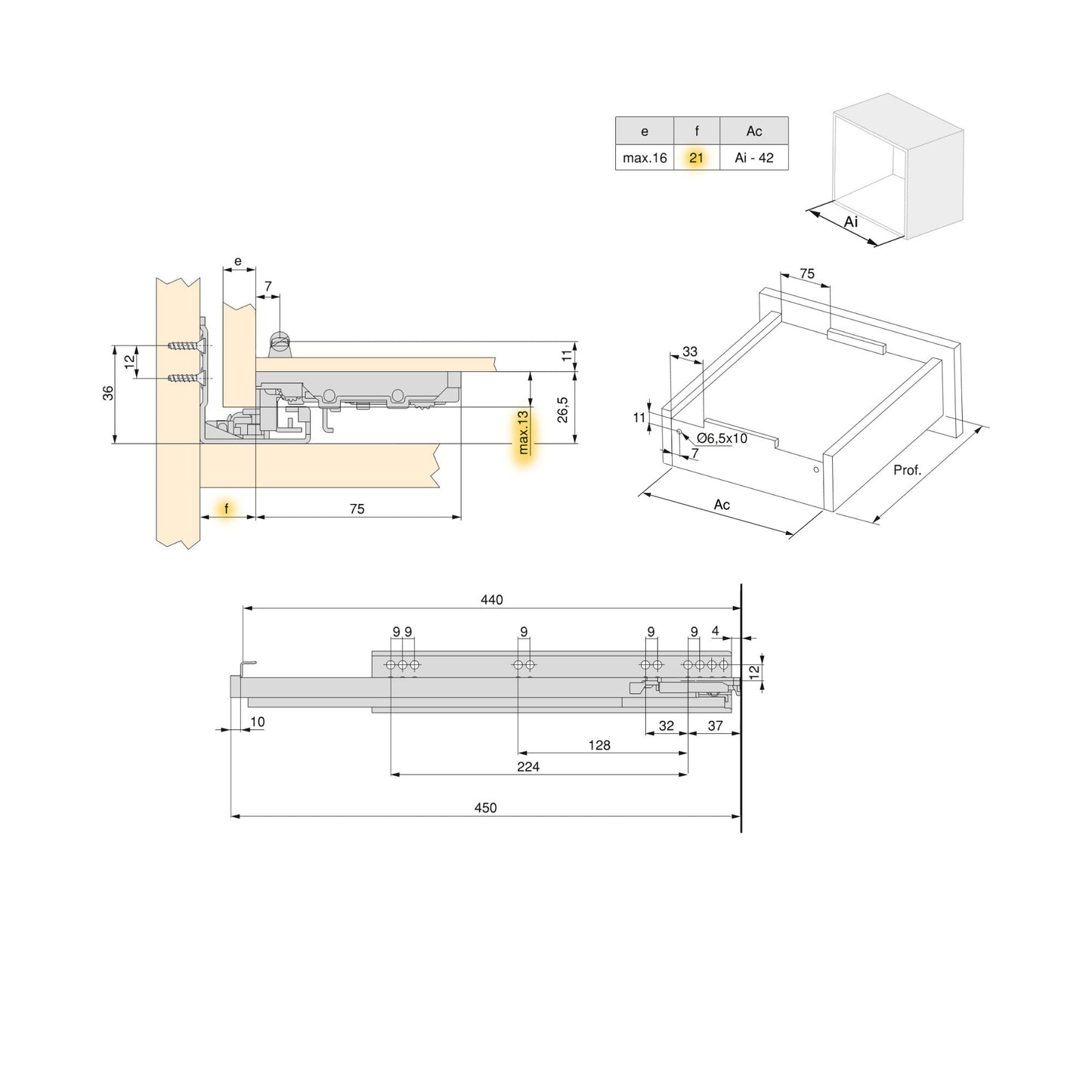 Emuca Set di guide per cassetti a scomparsa Silver, estrazione totale, con chiusura soft e aggancio, profondità 440 mm, Acciaio, Zincato bianco