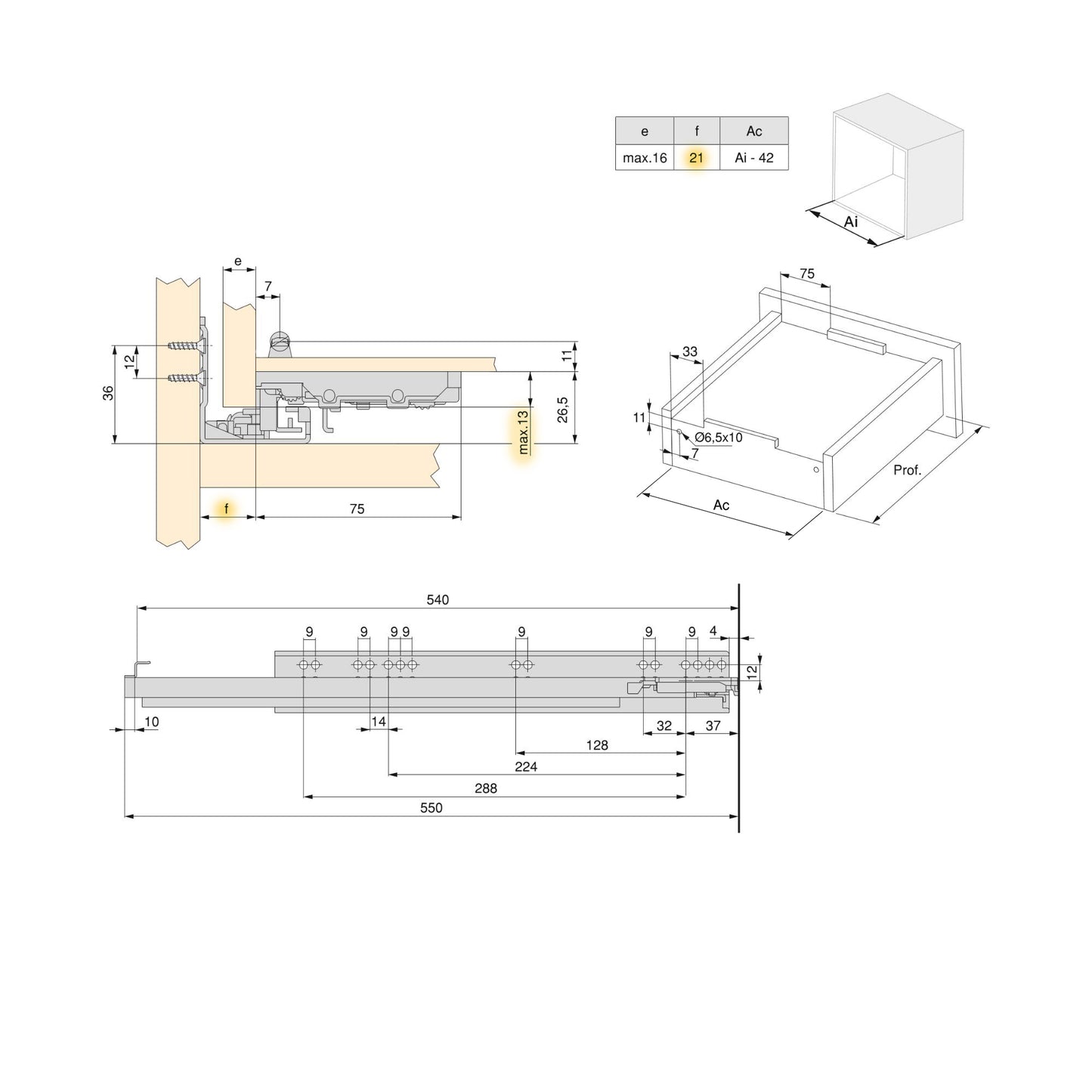 Emuca Set di guide per cassetti a scomparsa Silver, estrazione totale, con chiusura soft e aggancio, profondità 540 mm, Acciaio, Zincato bianco