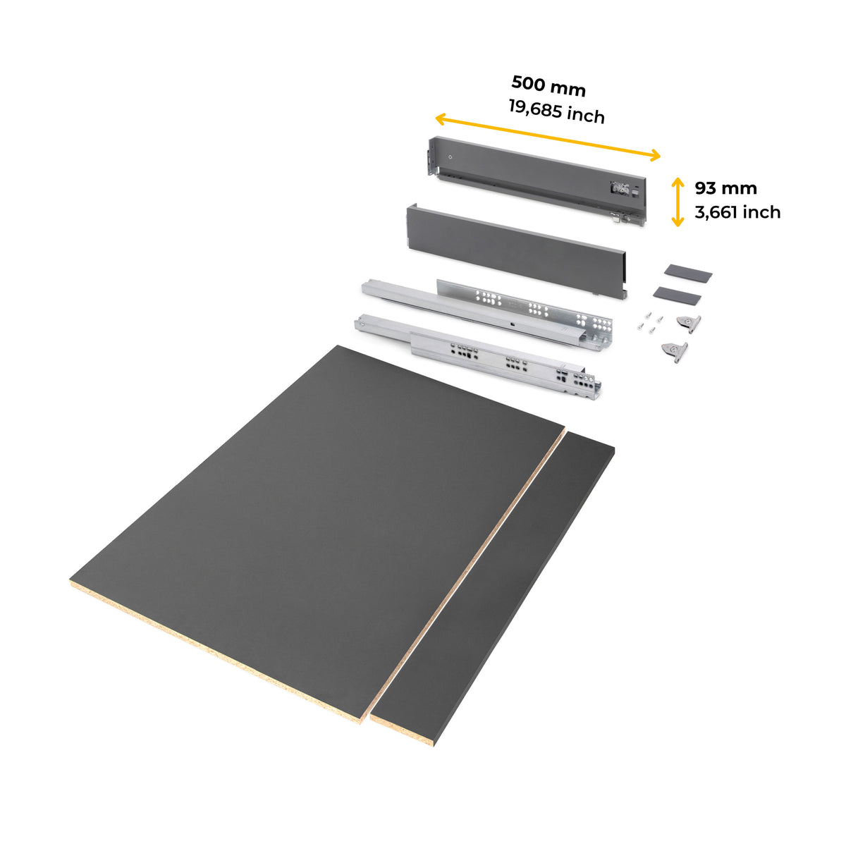 Kit cassetto per cucina o bagno Vertex di altezza 93mm con pannelli inclusi e regolazione 3D
