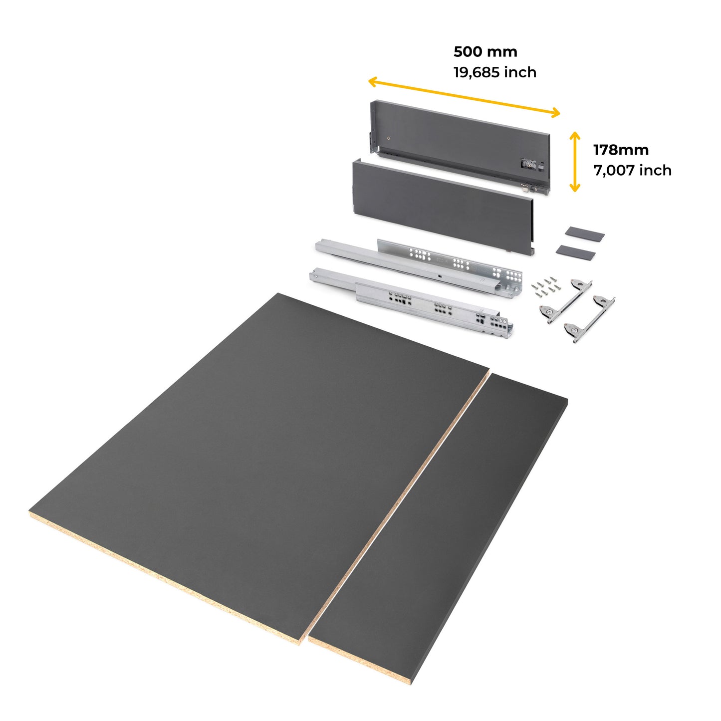 Emuca Kit di cassetti per cucina o bagno Vertex con regolazione 3D, altezza 178 mm, con pannelli inclusi, modulo 900 mm, Grigio antracite