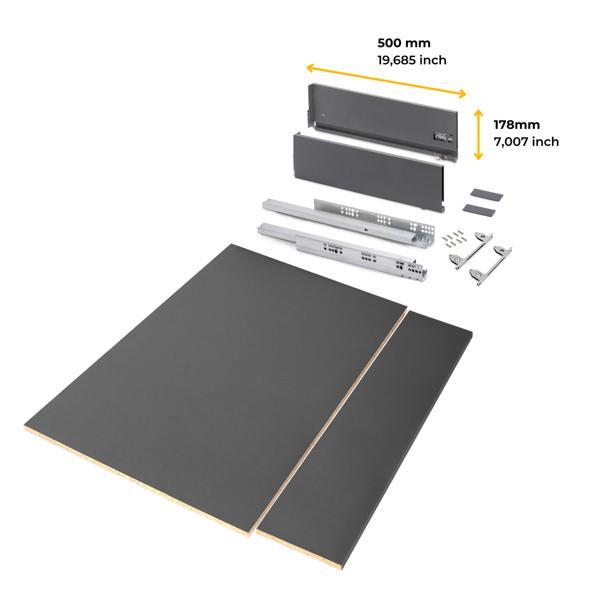 Kit cassetto per cucina o bagno Vertex di altezza 178mm con pannelli inclusi e regolazione 3D