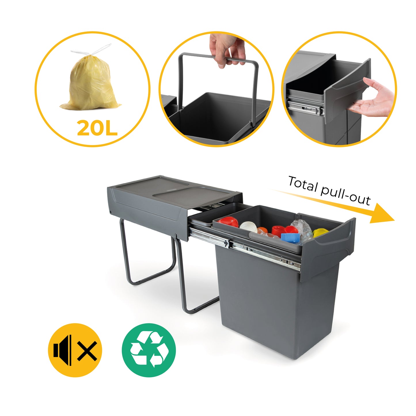 Emuca Recycle 1x20lt per il montaggio sul fondo e l'estrazione manuale in cucina, Grigio antracite, Tecnoplastica