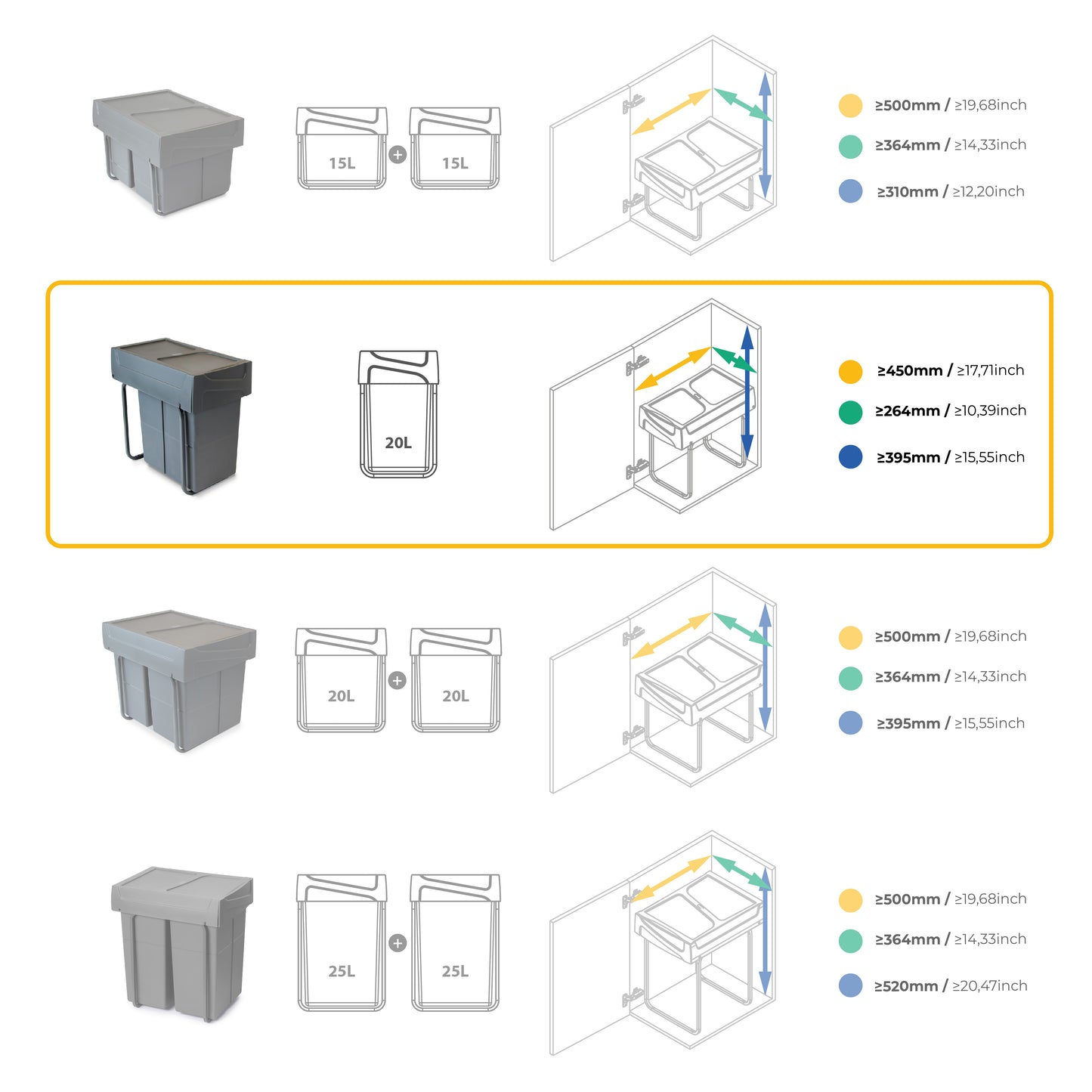 Emuca Recycle 1x20lt per il montaggio sul fondo e l'estrazione manuale in cucina, Grigio antracite, Tecnoplastica