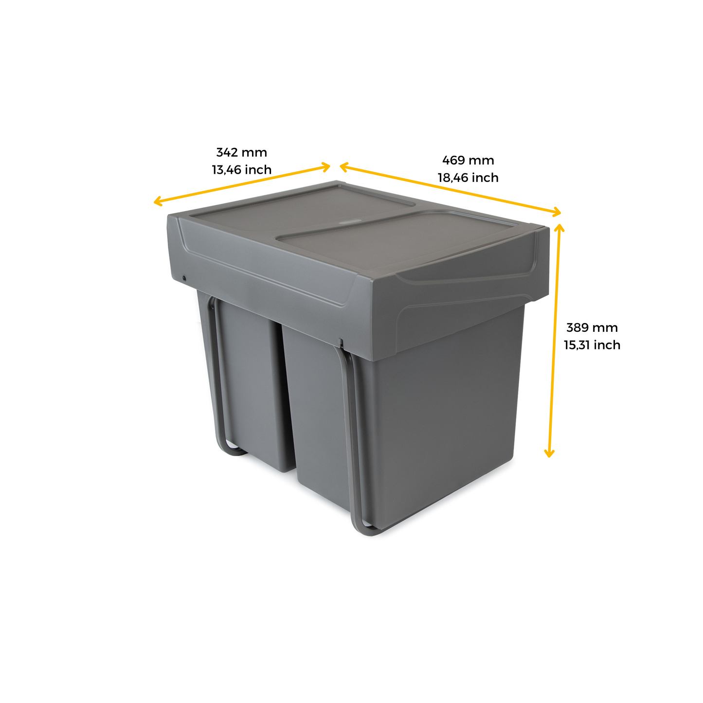 Emuca Contenitore per la raccolta differenziata Recycle da montare sul fondo e da estrarre manualmente in cucina Recycle 2x20lt, Grigio antracite, Tecnoplastica