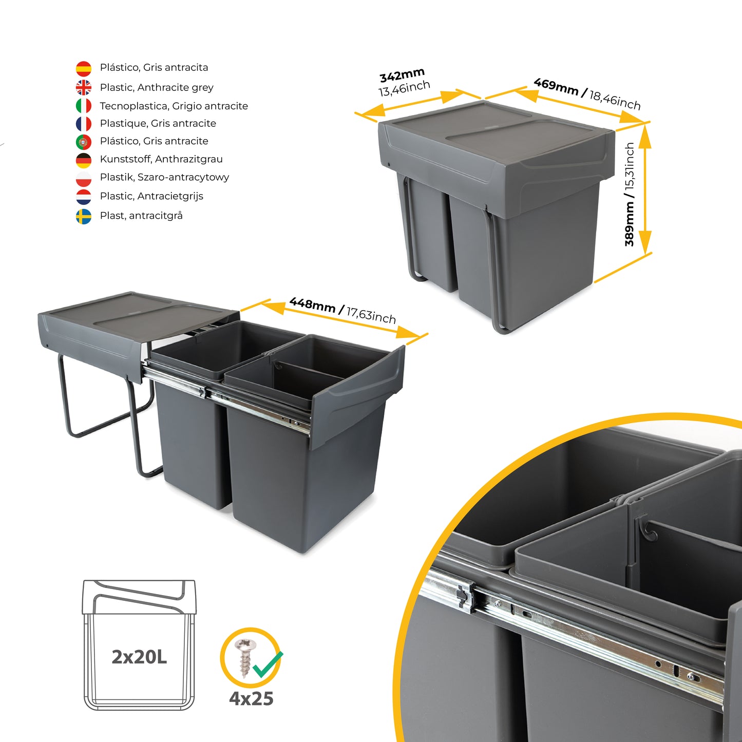 Emuca Contenitore per la raccolta differenziata Recycle da montare sul fondo e da estrarre manualmente in cucina Recycle 2x20lt, Grigio antracite, Tecnoplastica