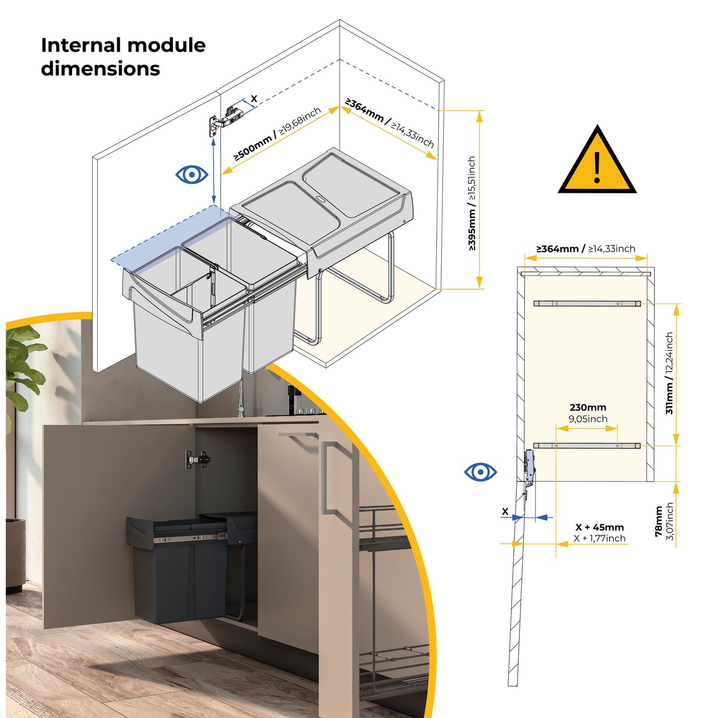 Emuca Contenitore per la raccolta differenziata Recycle da montare sul fondo e da estrarre manualmente in cucina Recycle 2x20lt, Grigio antracite, Tecnoplastica
