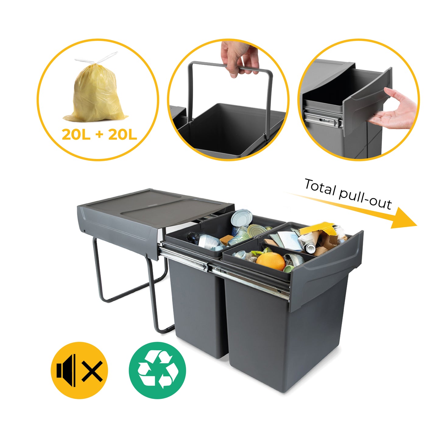 Emuca Contenitore per la raccolta differenziata Recycle da montare sul fondo e da estrarre manualmente in cucina Recycle 2x20lt, Grigio antracite, Tecnoplastica