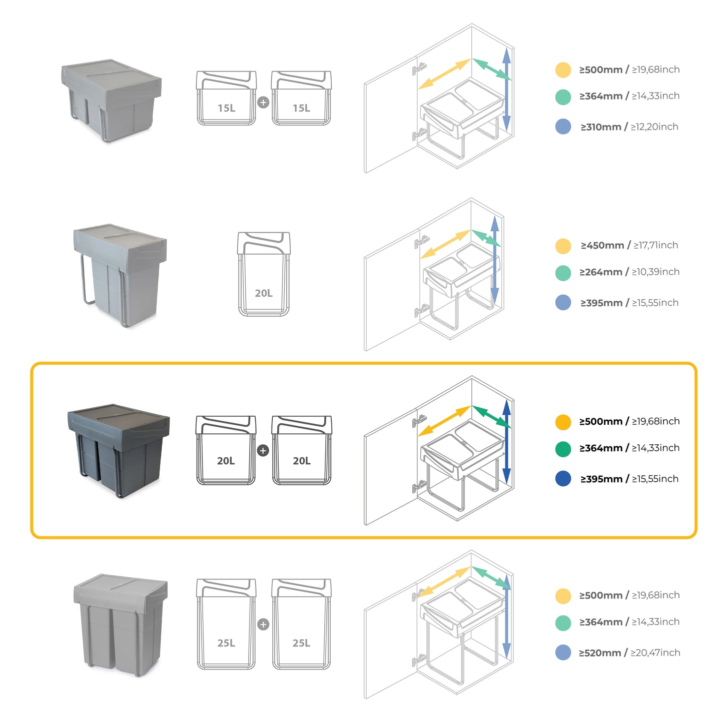 Emuca Contenitore per la raccolta differenziata Recycle da montare sul fondo e da estrarre manualmente in cucina Recycle 2x20lt, Grigio antracite, Tecnoplastica