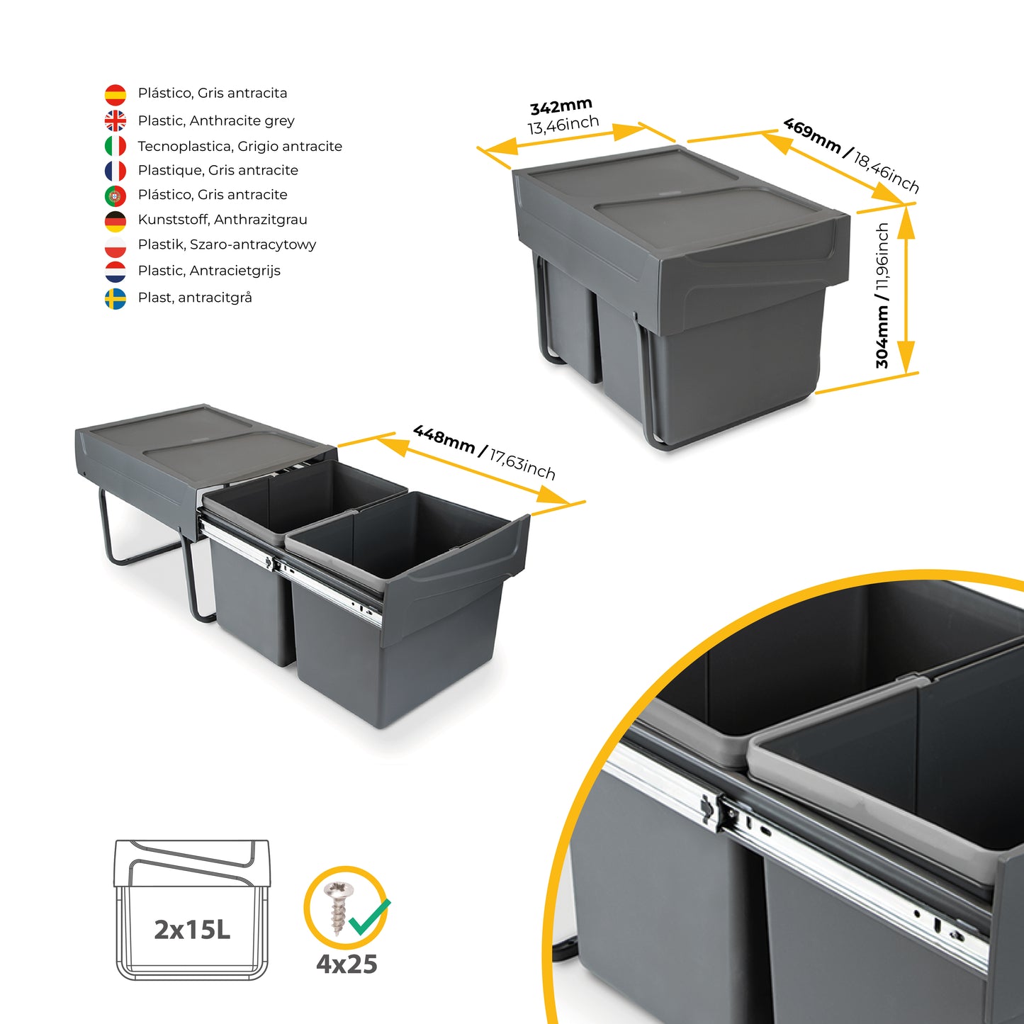 Emuca Contenitore per la raccolta differenziata da montare sul fondo ed estraibile manualmente in cucina 2x15lt, Grigio antracite Tecnoplastica