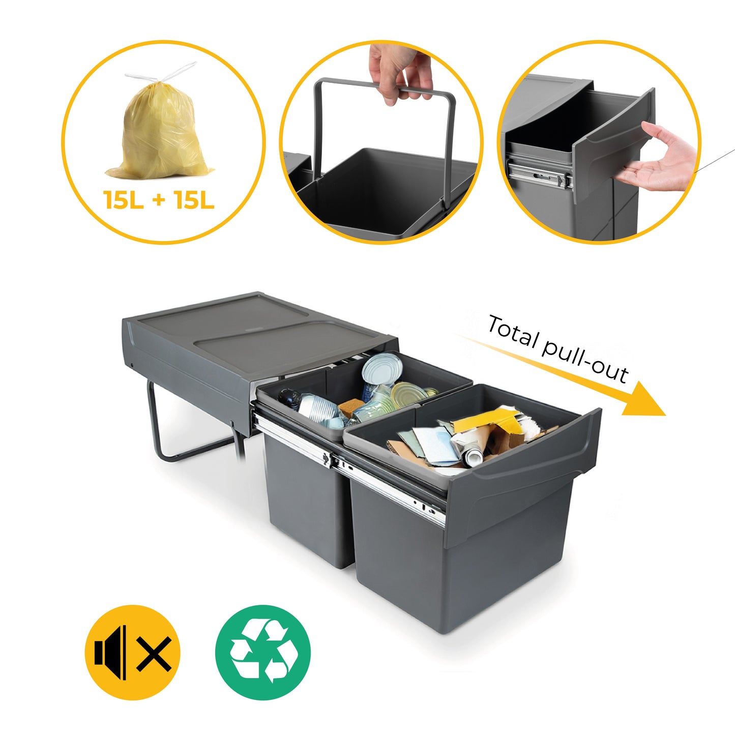 Emuca Contenitore per la raccolta differenziata da montare sul fondo ed estraibile manualmente in cucina 2x15lt, Grigio antracite Tecnoplastica