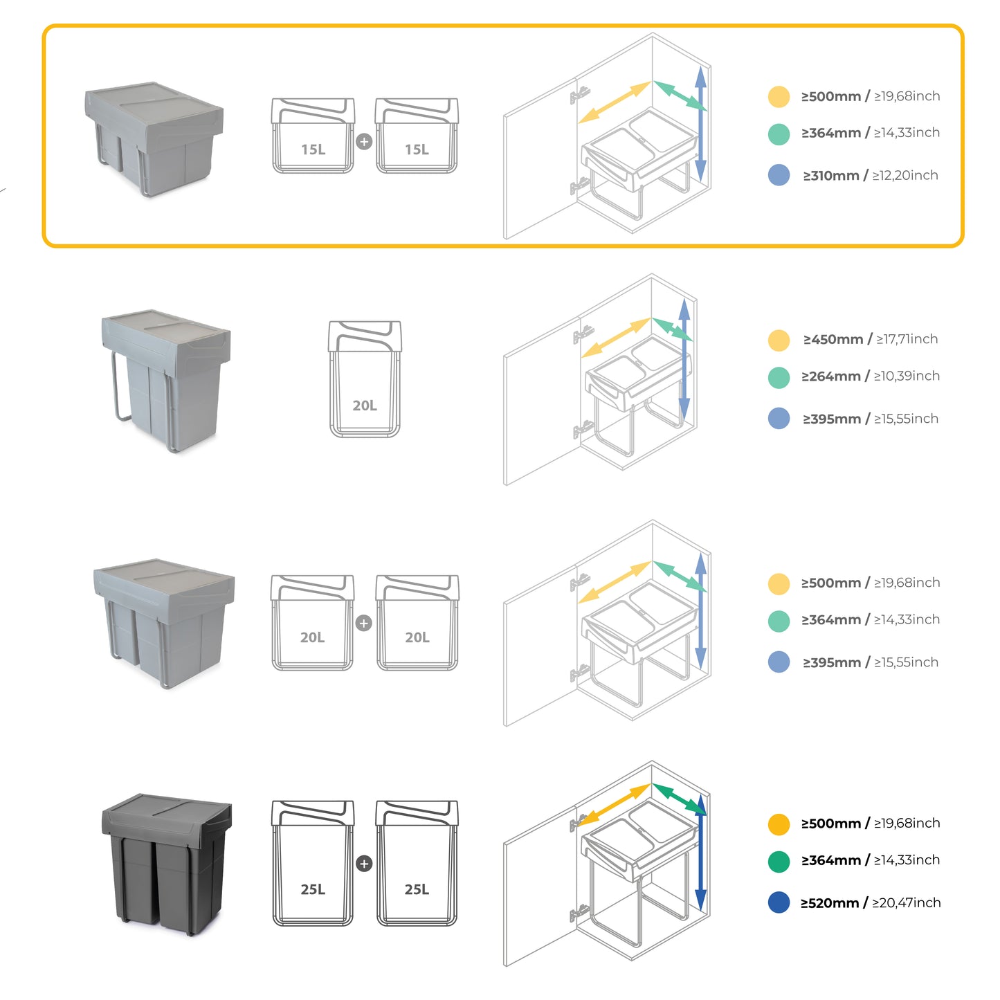 Emuca Contenitore per la raccolta differenziata da montare sul fondo ed estraibile manualmente in cucina 2x15lt, Grigio antracite Tecnoplastica
