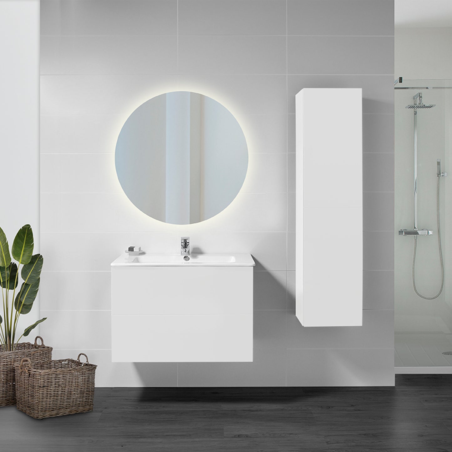 Emuca Specchio da bagno Cassiopeia con Illuminazione LED decorativa, diametro 60 cm, AC 230V 50Hz, 20W e 12W, Alluminio e Vetro