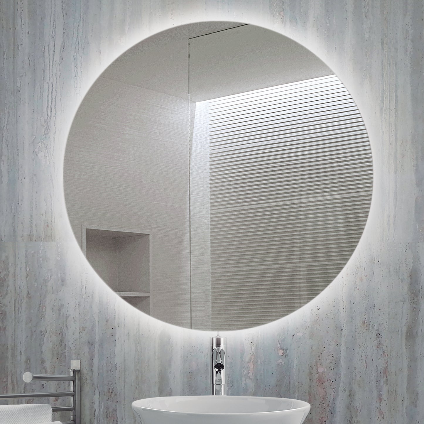 Emuca Specchio da bagno Cassiopeia con Illuminazione LED decorativa, diametro 60 cm, AC 230V 50Hz, 20W e 12W, Alluminio e Vetro