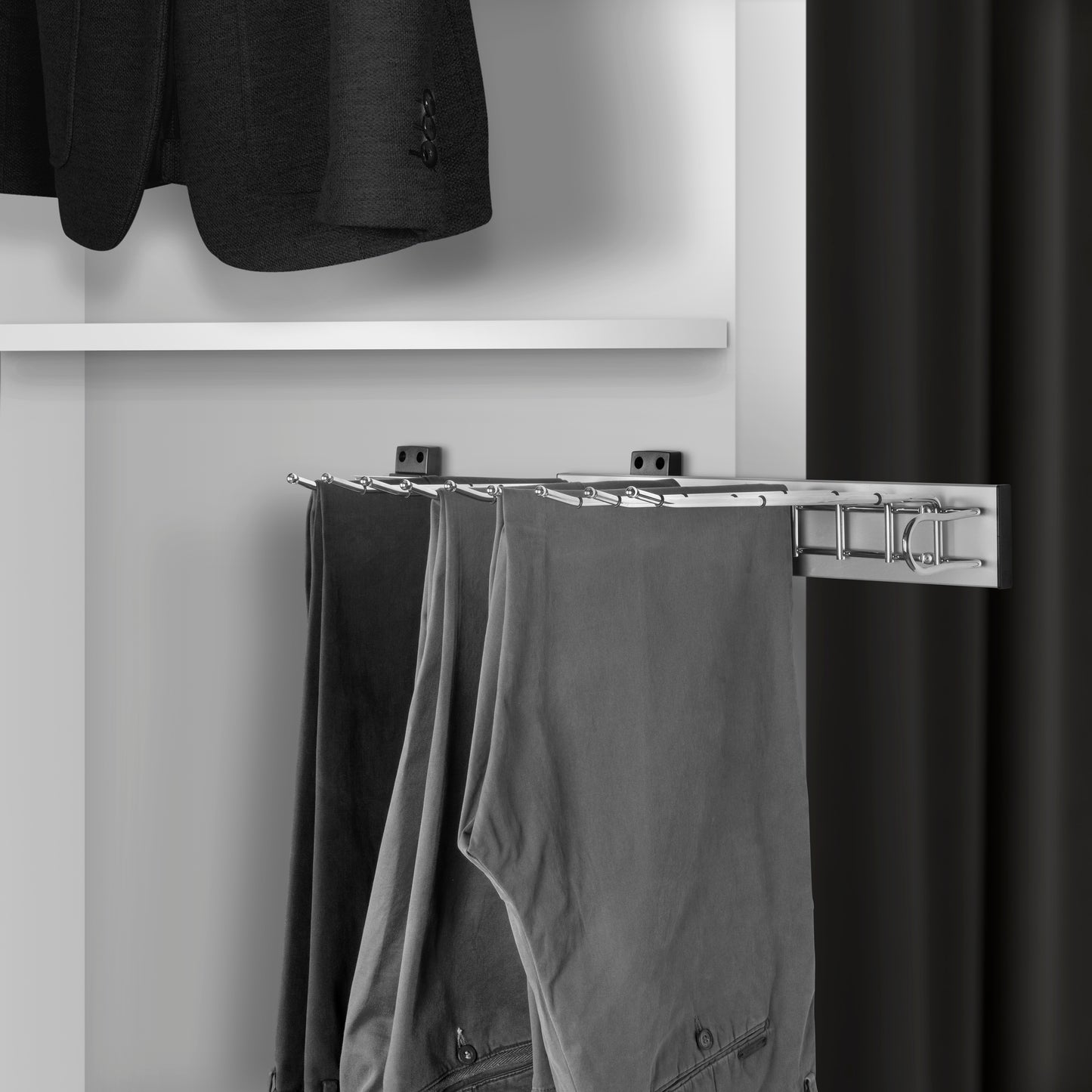 Emuca Portapantaloni con montaggio laterale per armadio Self, mano destra, Acciaio, Tecnoplastica e Alluminio, Cromato lucido
