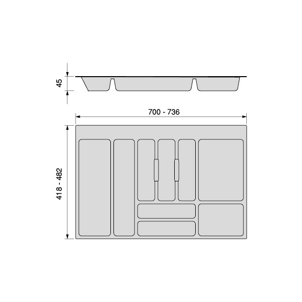 Emuca Portaposate universale per posate Optima, modulo 800 mm, Tecnoplastica, Grigia