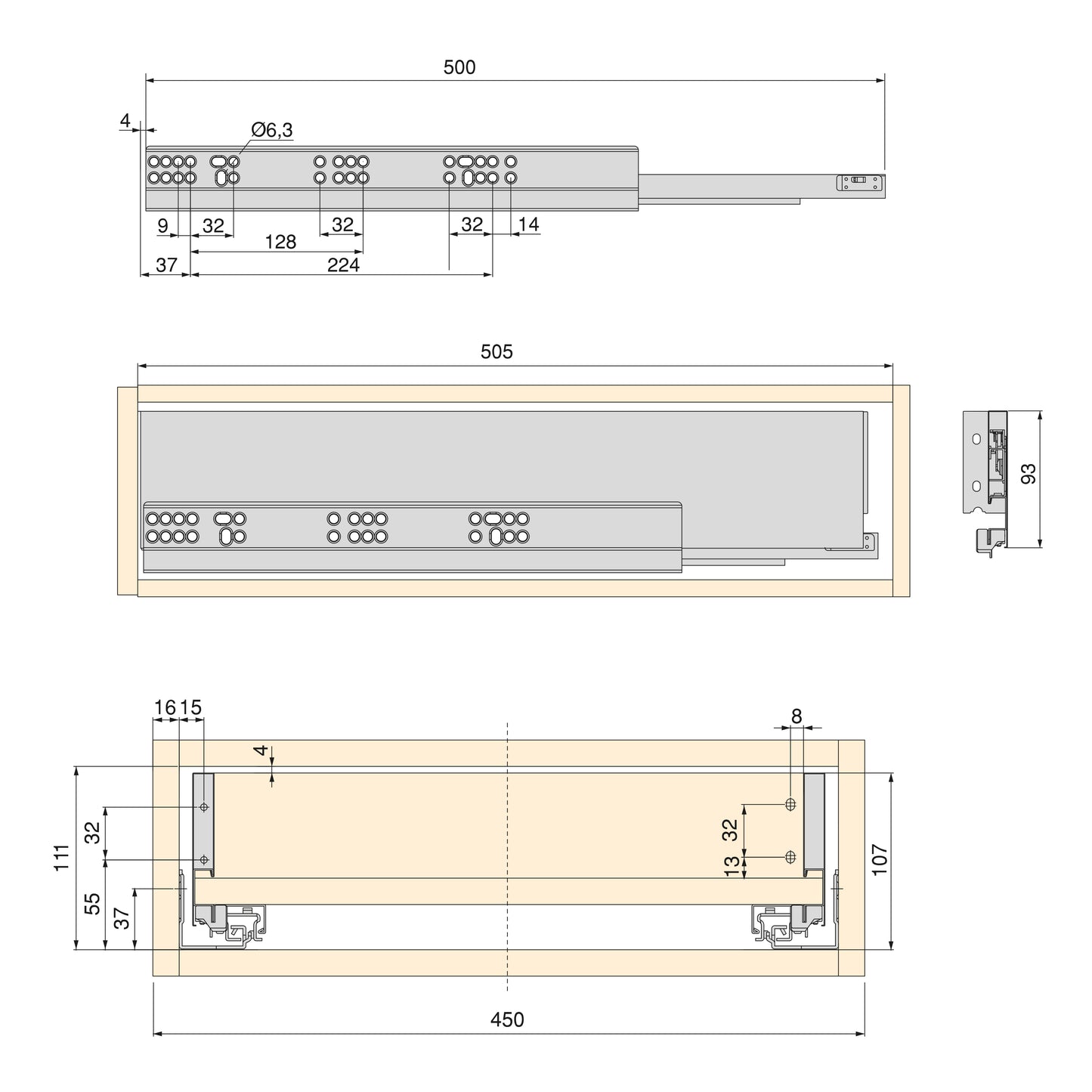 Emuca Kit di cassetti per cucina o bagno Vertex, altezza 93 mm, con pannelli inclusi, modulo 450 mm, Verniciato bianco