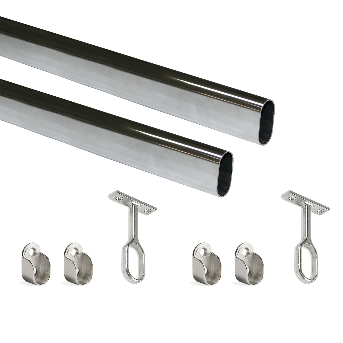 Emuca Lotto di 2 tubi appendiabiti ovali 30x15mm per armadi lunghezza 1,15m con reggitubi, Acciaio e Zama, Cromato lucido