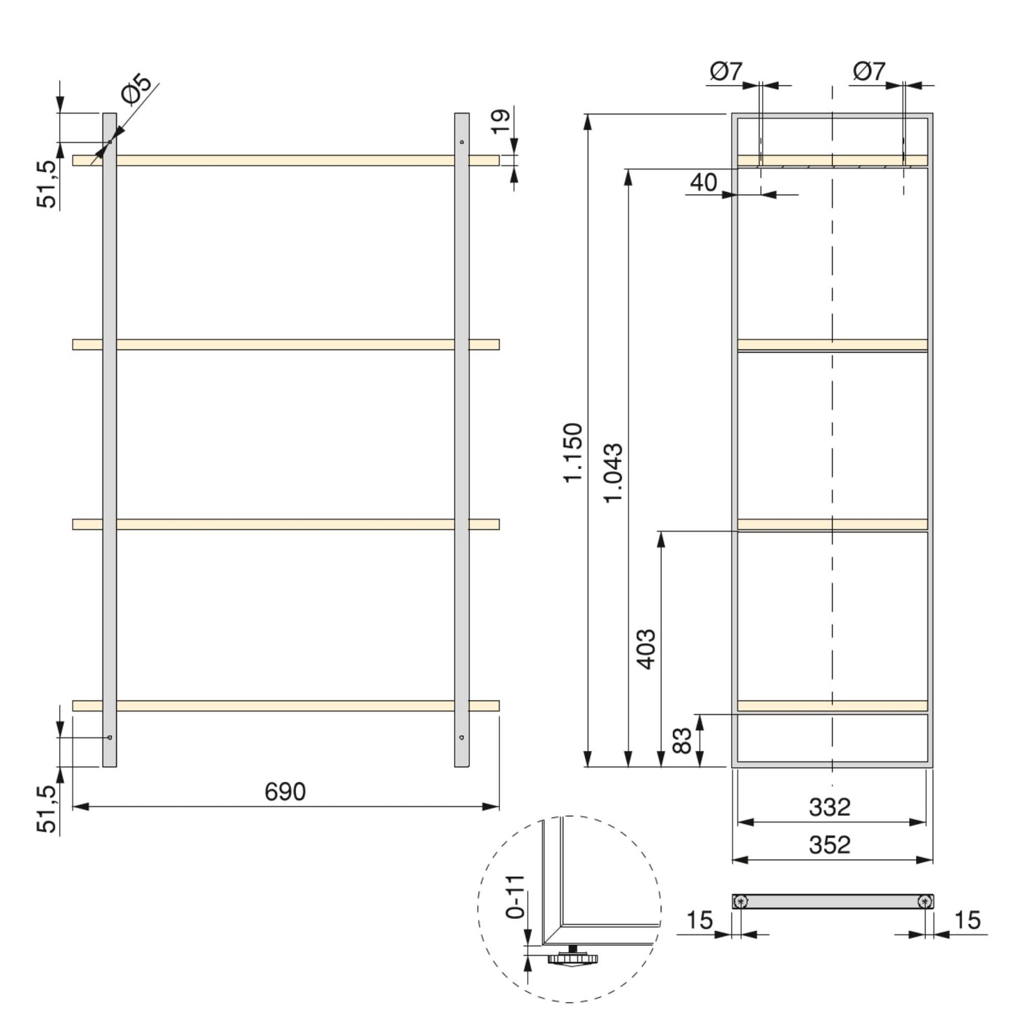 Emuca Kit di scaffali Lader con struttura e ripiani, altezza 1150 mm, Acciaio, Verniciato nero e Legno