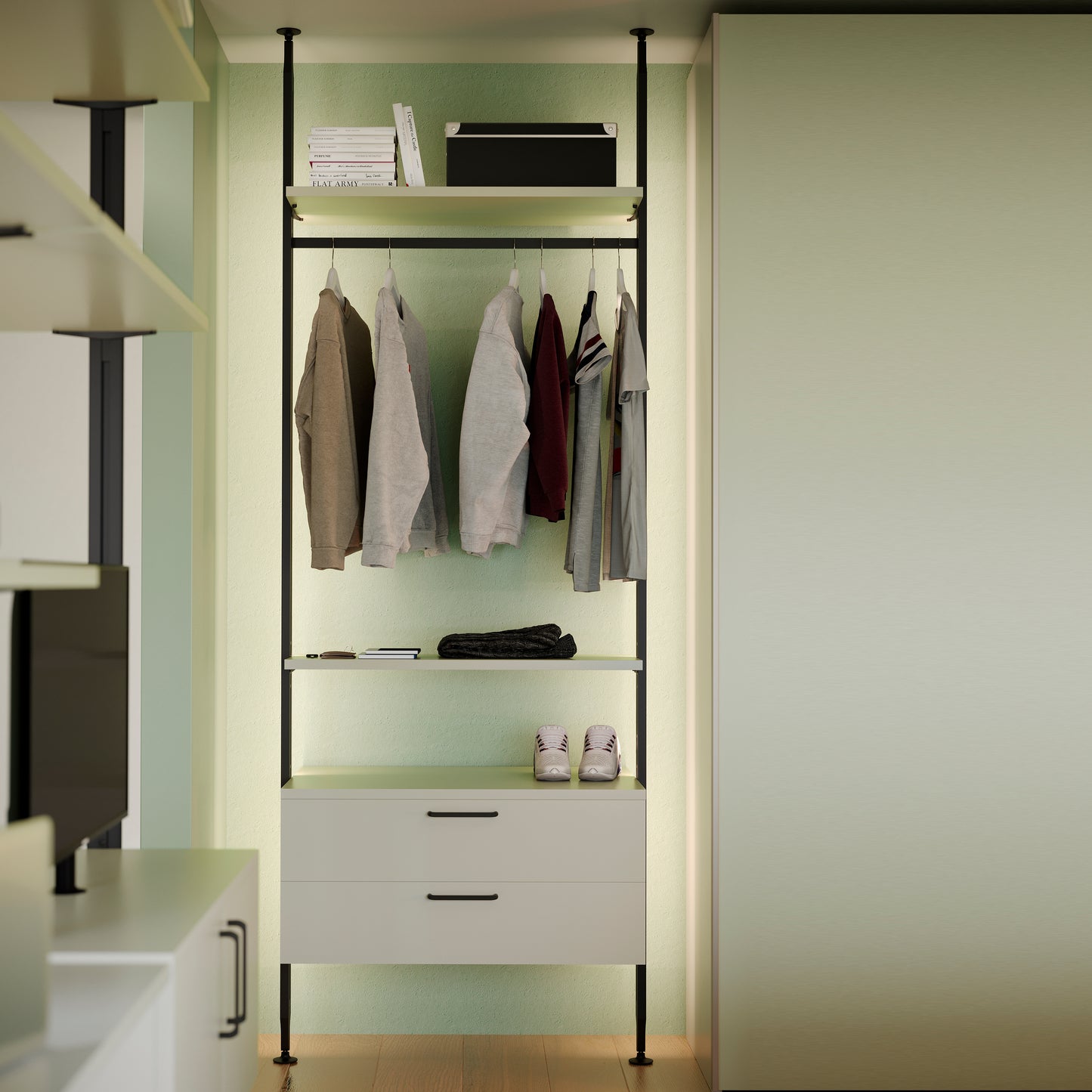 Emuca Kit di staffe per 4 ripiani in legno e 1 asta appendiabiti lunga 1 m Zero, Alluminio e Zama e Tecnoplastica, Verniciato nero testurizzato
