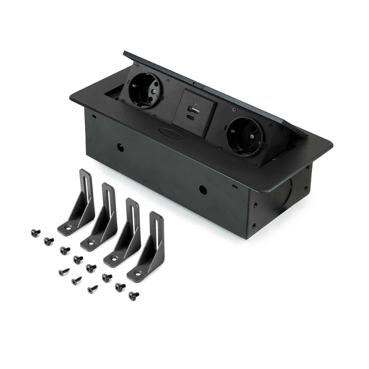 Emuca Multiconnettore da tavolo Atom 26 Lite, 225x111mm, 2 prese Schuko, 1 USB Tipo A, 1 USB Tipo C, Zama-Acciaio-Plastica, Nero
