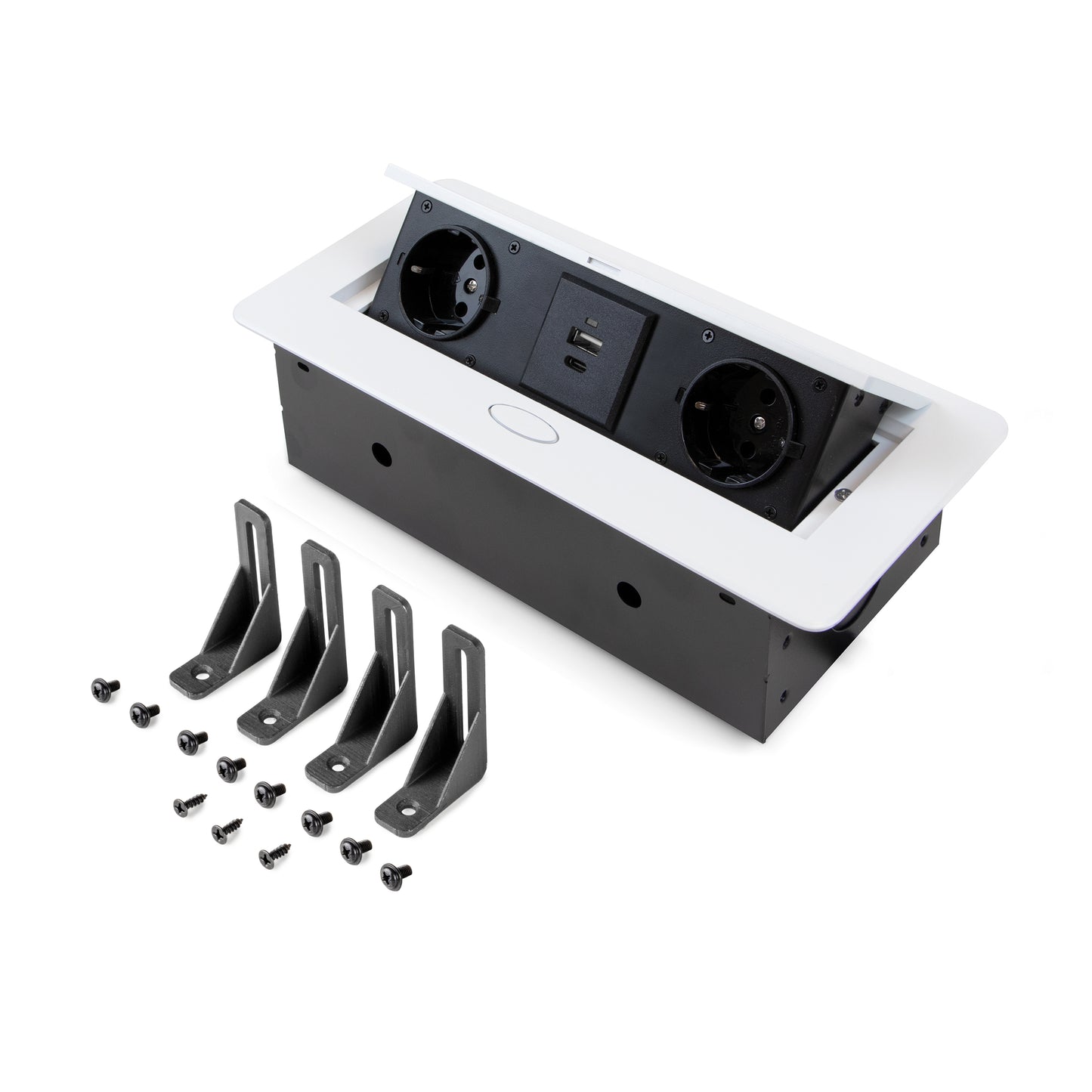 Emuca Multiconnettore da tavolo Atom 26 Lite, 225x111 mm, 2 prese Schuko, 1 USB Tipo A, 1 USB Tipo C, Zama-Acciaio-Plastica, Bianco