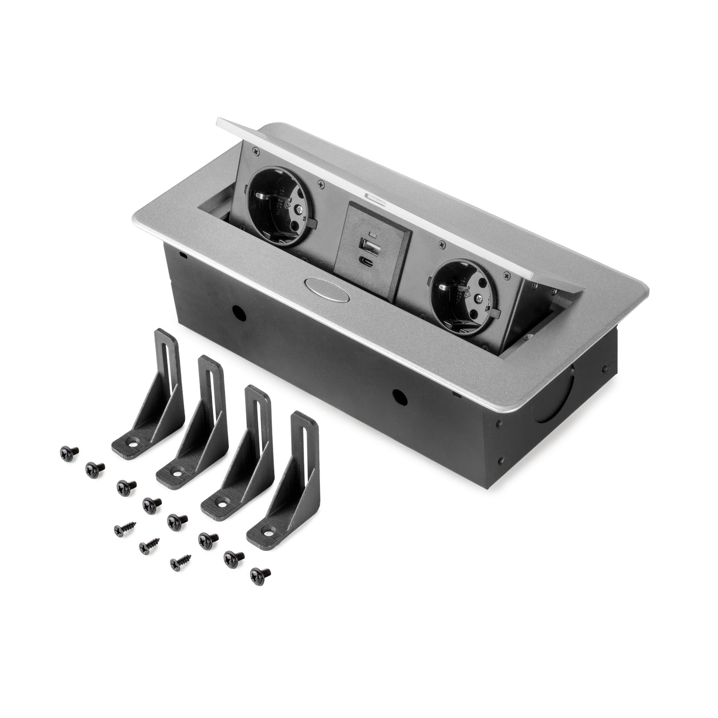 Emuca Multiconnettore da tavolo Atom 26 Lite, 225x111 mm, 2 prese Schuko, 1 USB Tipo A, 1 USB Tipo C, Zama-Acciaio-Plastica, Grigio metallizzata