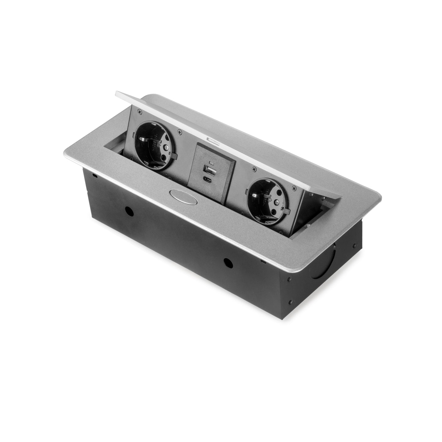 Emuca Multiconnettore da tavolo Atom 26 Lite, 225x111 mm, 2 prese Schuko, 1 USB Tipo A, 1 USB Tipo C, Zama-Acciaio-Plastica, Grigio metallizzata