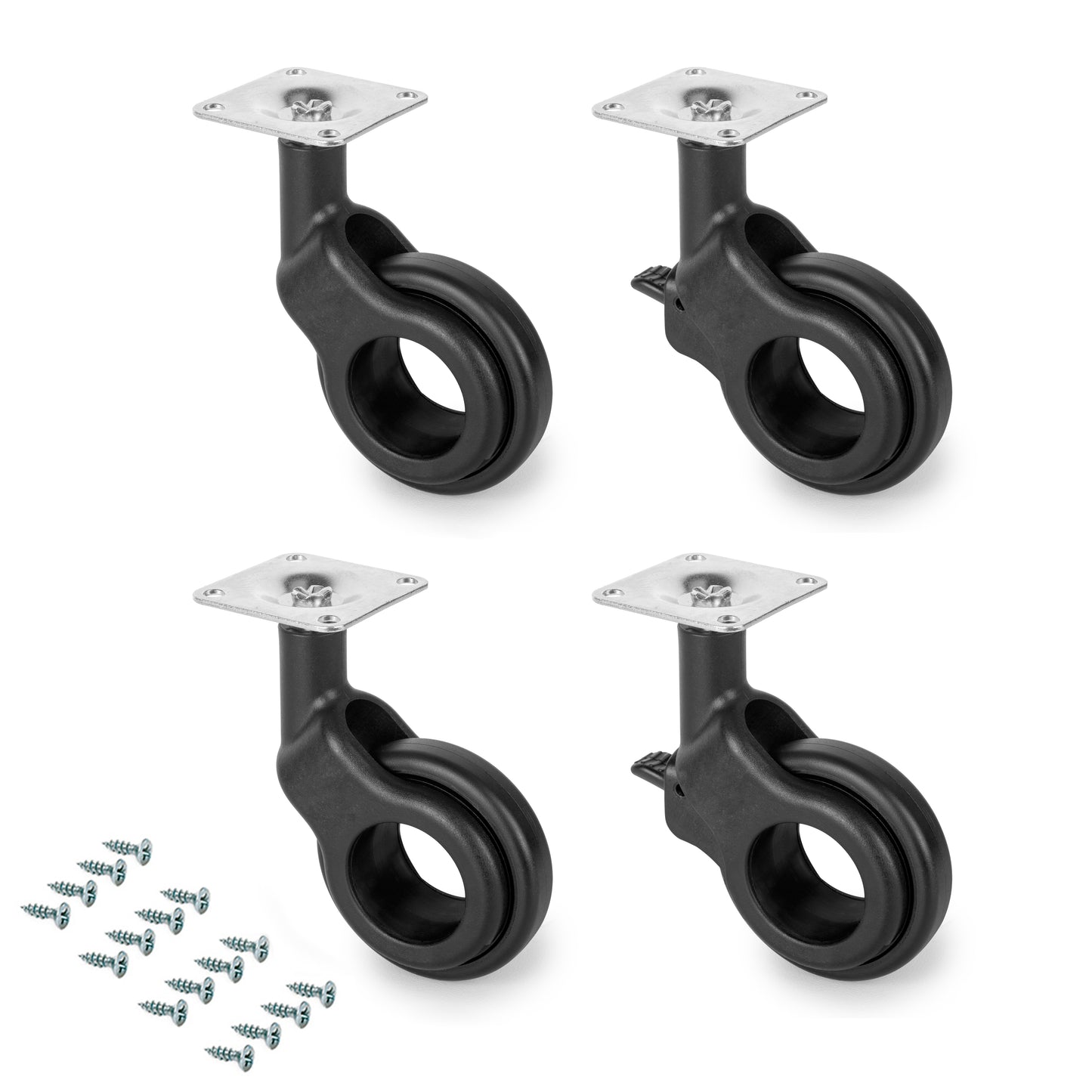 Emuca Lotto di 4 ruote Hole 2 con piastra di montaggio, diametro 60 mm, Acciaio e Tecnoplastica, Verniciato nero