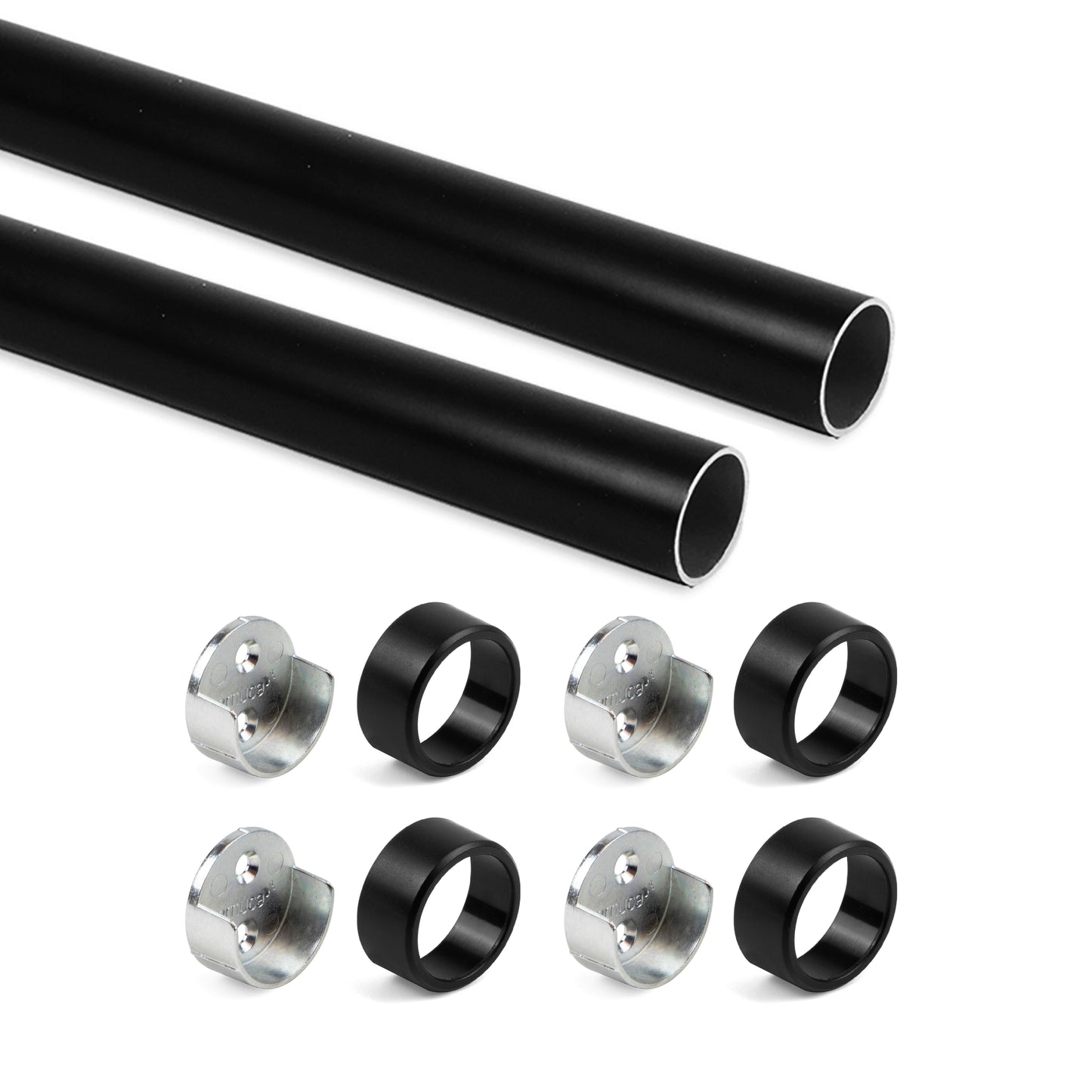 Emuca Lotto di 2 tubi appendiabiti rotondi D.28mm per armadi lunghezza 0,75m con reggitubi, Alluminio e Zama, Verniciato nero