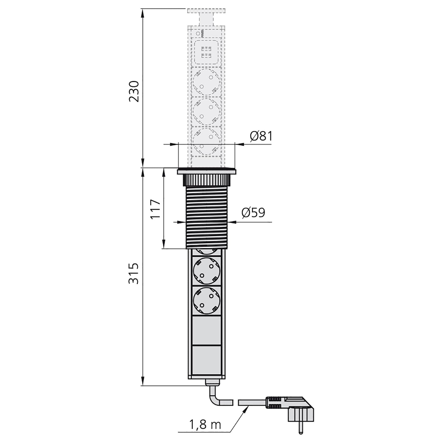 Emuca Multipresa estraibile Vertikal, 3 prese Schuko, 2 USB tipo A, Tecnoplastica e Alluminio, Verniciato bianco