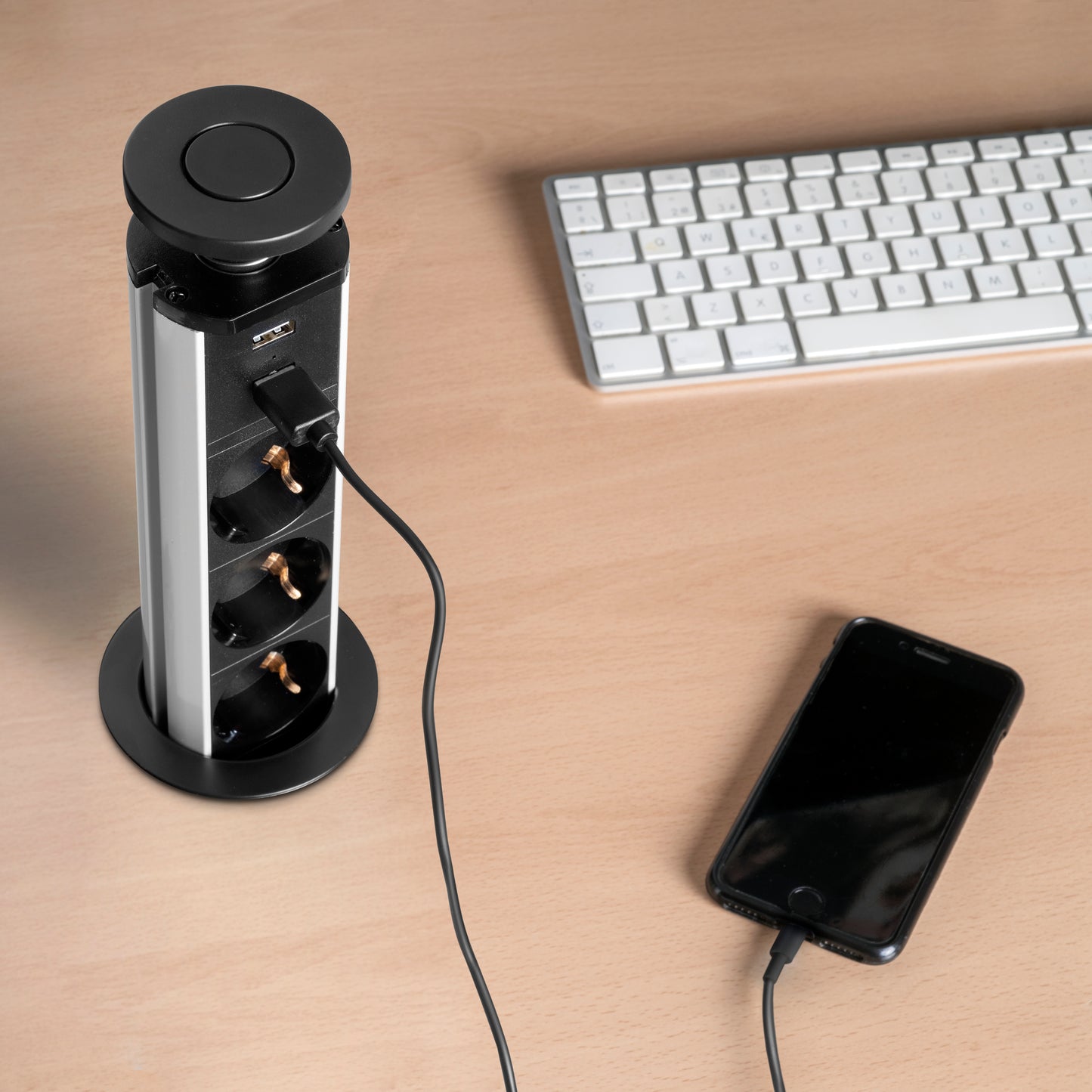 Emuca Multipresa estraibile Vertikal, 3 prese Schuko, 2 USB tipo A, Tecnoplastica e Alluminio, Verniciato nero