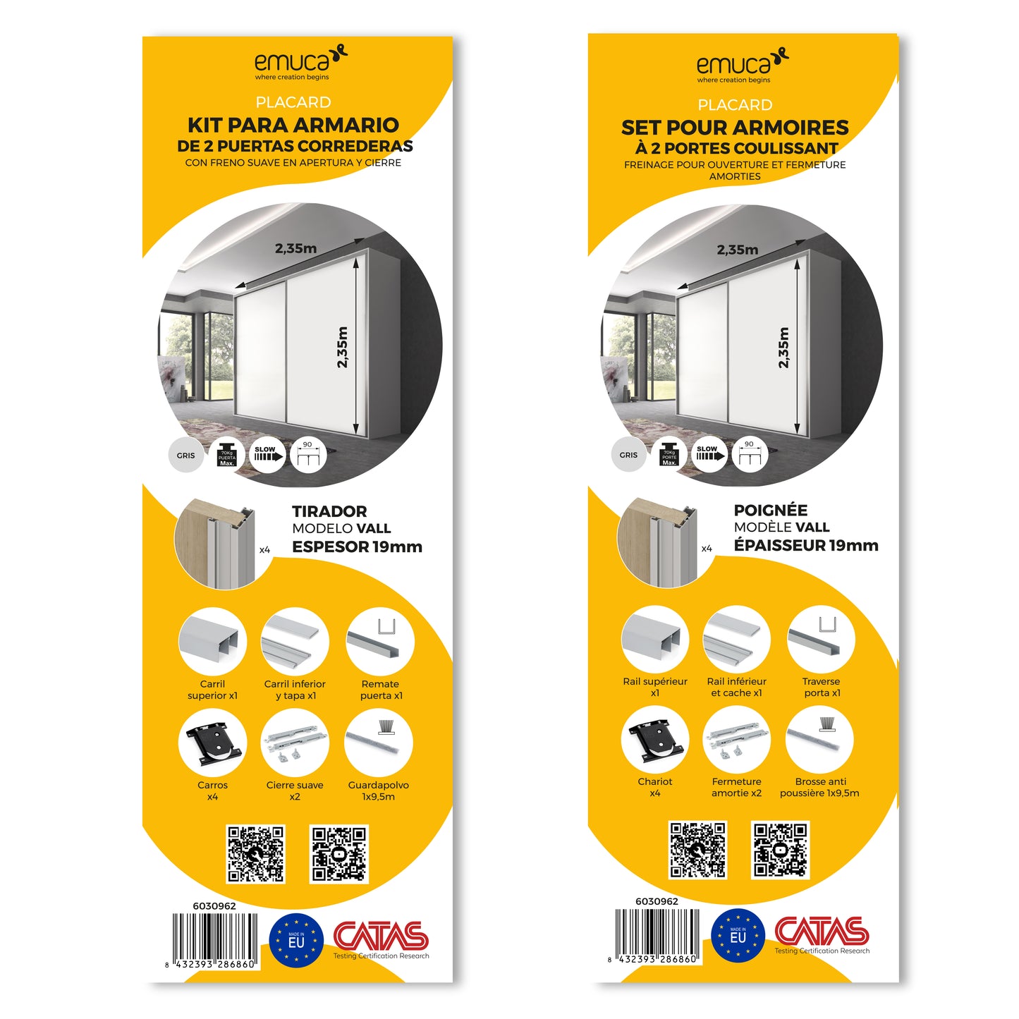 Emuca Kit di ferramenta per armadio a 2 ante e chiusura ammortizzata Placard 90, profilo Vall, spessore 19 mm, pannelli non inclusi, anodizzato opaco