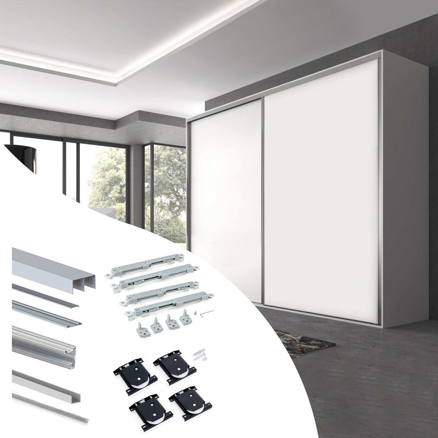 Emuca Kit di ferramenta per armadio a 2 ante e chiusura ammortizzata Placard 90, profilo Vall, spessore 19 mm, pannelli non inclusi, anodizzato opaco