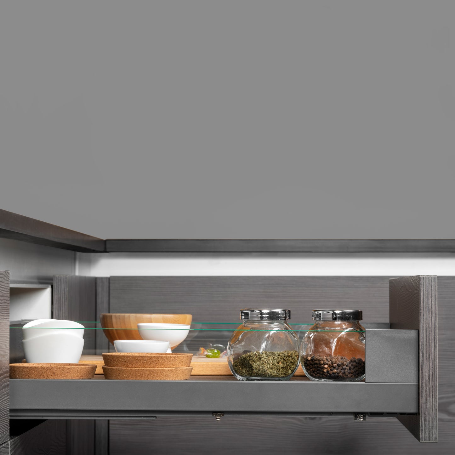 Emuca cassetto esterno Vertex 40 kg con laterale in vetro 93 mm di altezza, 450 mm di profondità, Acciaio, Alluminio e Vetro, Grigio antracite