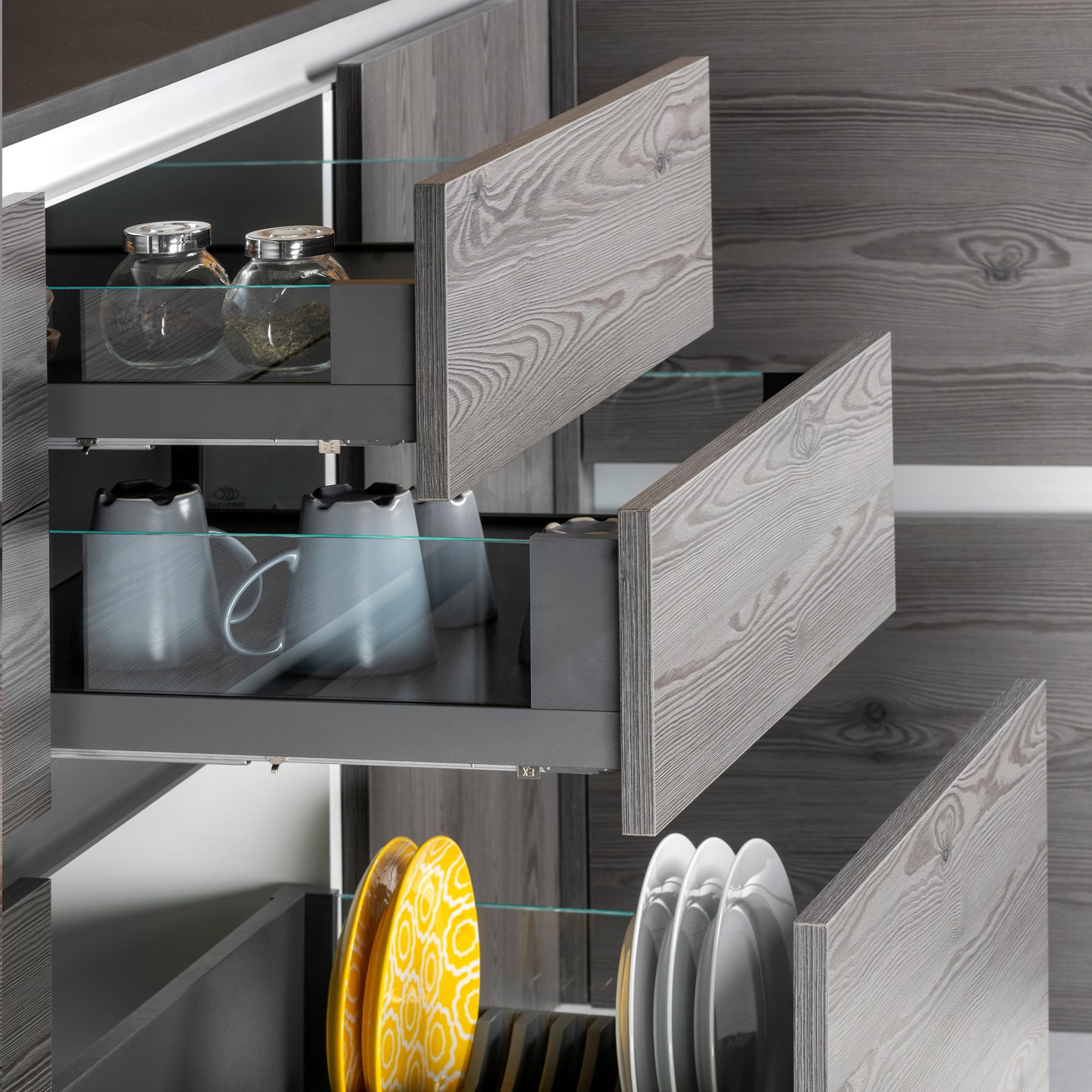 Emuca cassetto esterno Vertex 40 kg con laterale in vetro 131 mm di altezza, 500 mm di profondità, Acciaio, Alluminio e Vetro, Grigio antracite