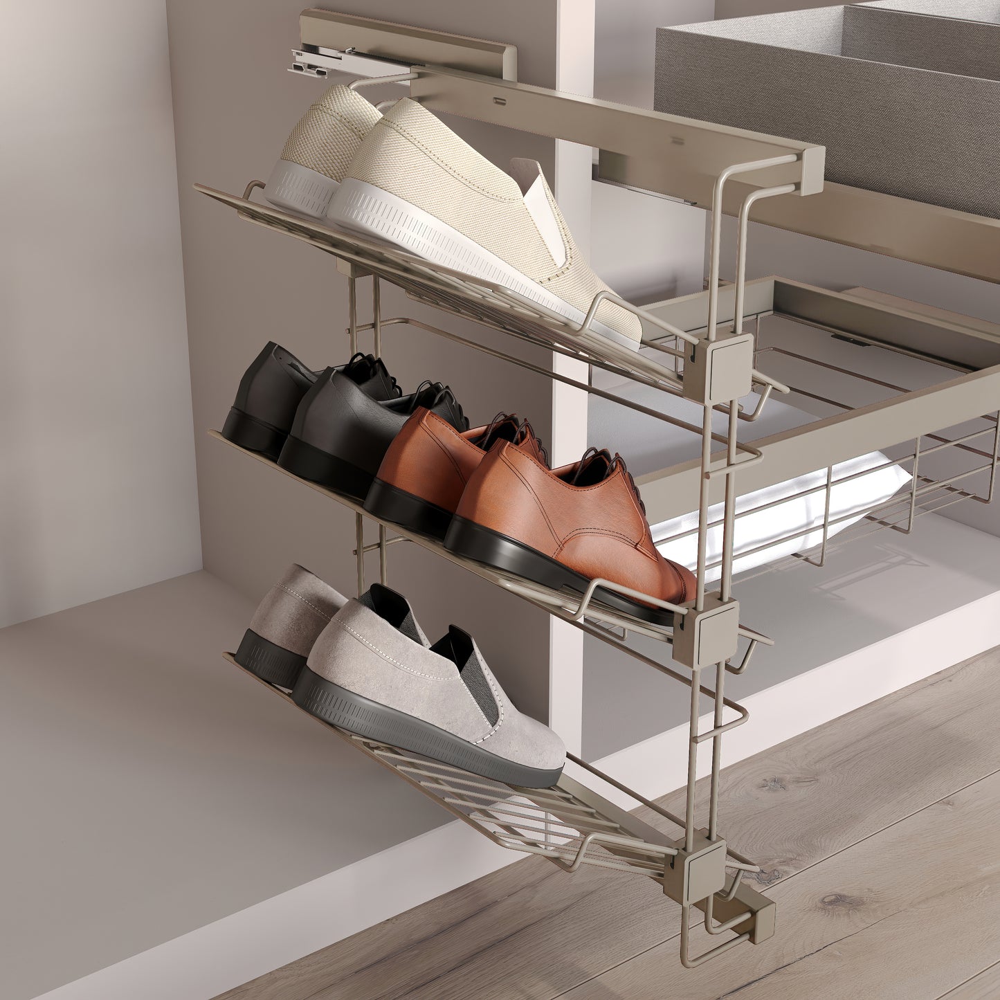 Emuca Porta scarpe laterale estraibile per armadi e cabine armadio Hack, Destra, Acciaio, Verniciato grigio pietra