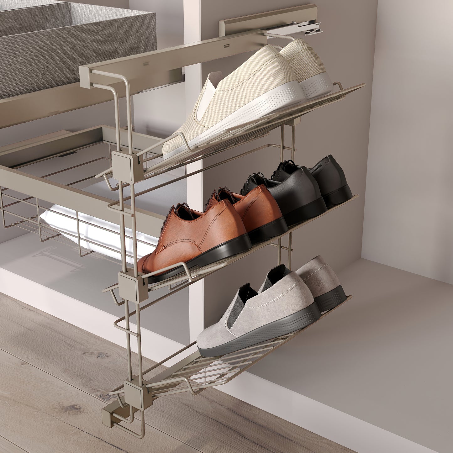 Emuca Porta scarpe estraibile laterale per armadi e cabine armadio Hack, Sinistra, Acciaio, Verniciato grigio pietra