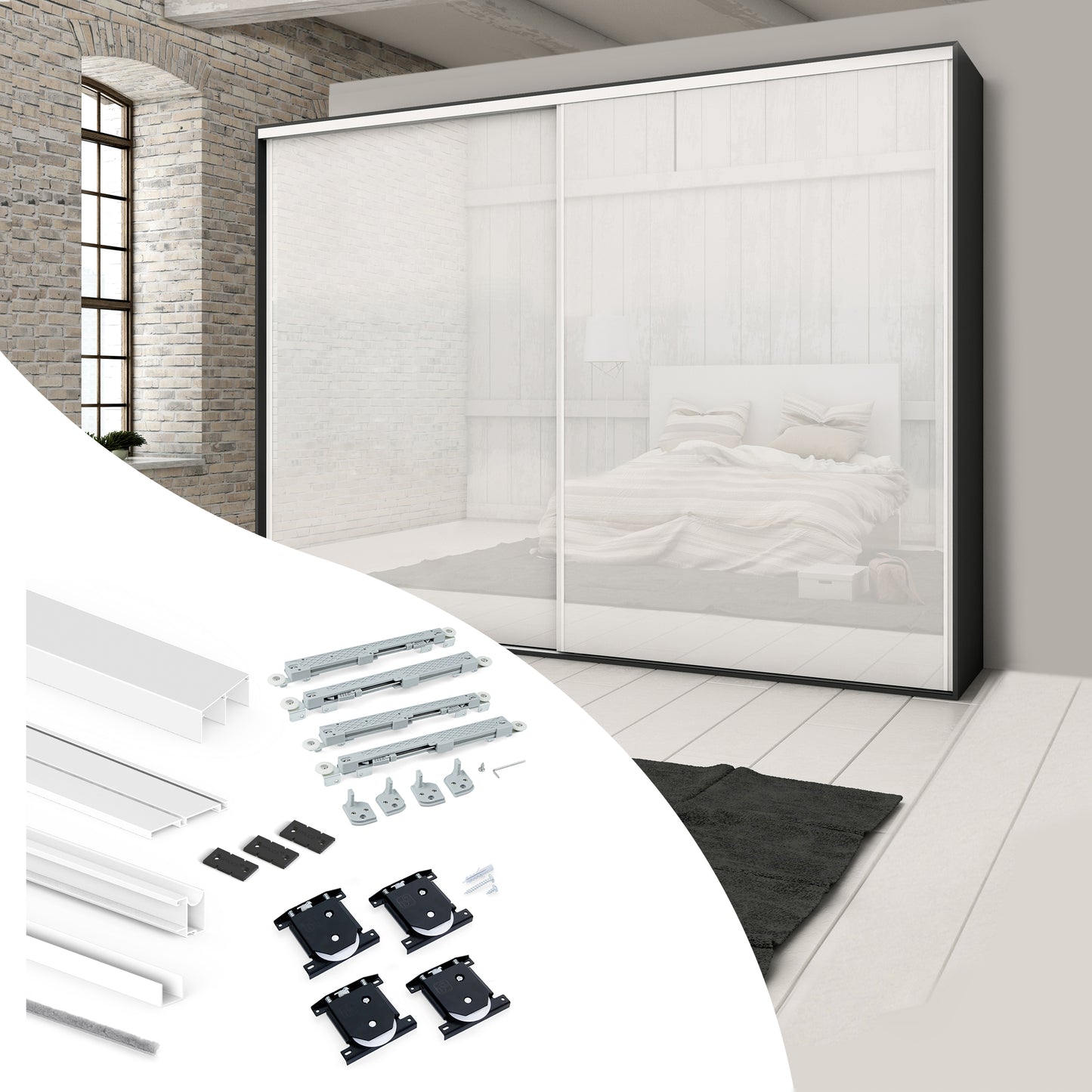 Emuca Kit di ferramenta per armadio a 2 ante e chiusura ammortizzata Placard 74, profilo Wave, spessore 16 mm, pannelli non inclusi, Verniciato bianco