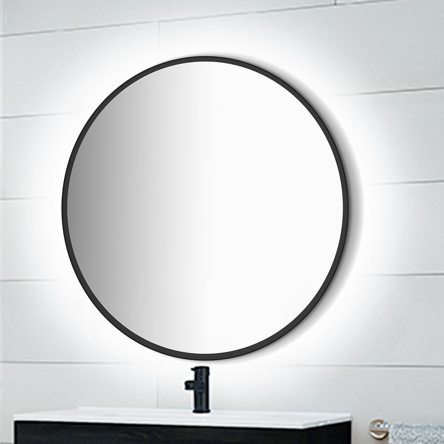 Emuca Specchio da bagno Zeus con Illuminazione LED decorativa e cornice nera, diametro 80 cm, AC 230V 50Hz, 12W, Alluminio e Vetro