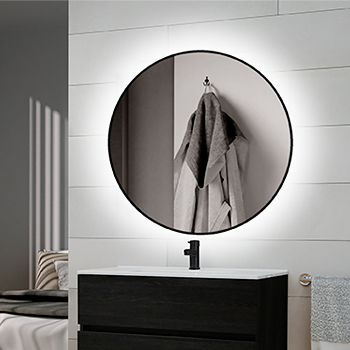 Emuca Specchio da bagno Zeus con Illuminazione LED decorativa e cornice nera, diametro 80 cm, AC 230V 50Hz, 12W, Alluminio e Vetro