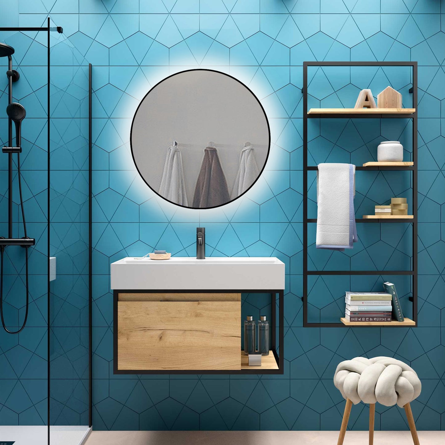 Emuca Specchio da bagno Zeus con Illuminazione LED decorativa e cornice nera, diametro 80 cm, AC 230V 50Hz, 12W, Alluminio e Vetro