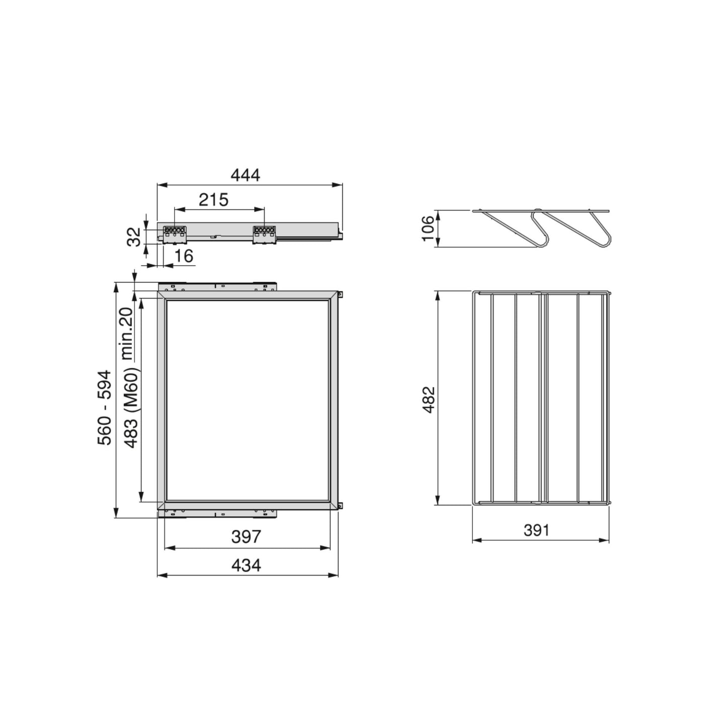 Emuca Kit di porta scarpe in metallo e telaio scorrevole a chiusura ammortizzata per armadio, regolabile, modulo 600 mm, Grigio pietra