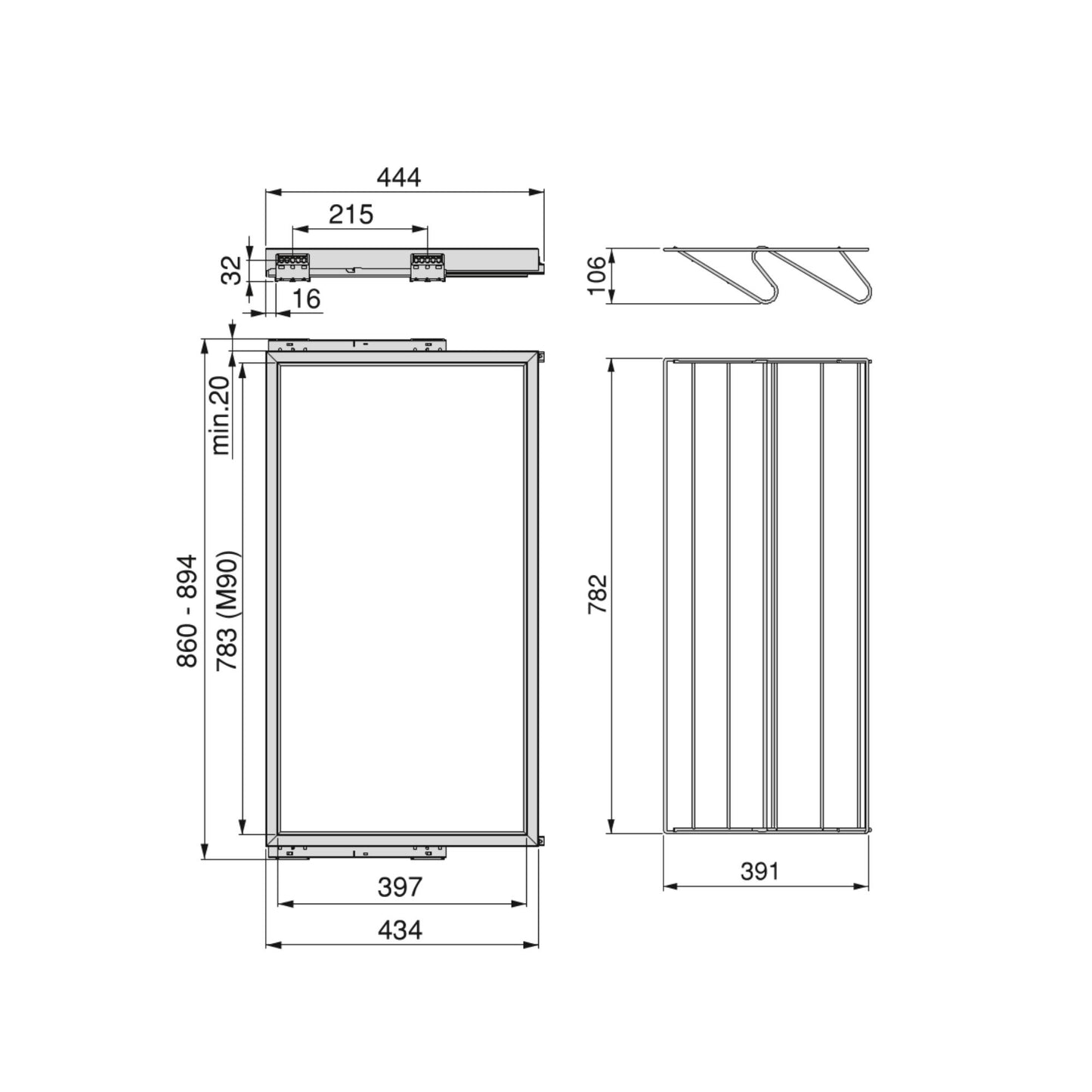 Emuca Kit di porta scarpe in metallo e telaio con guide a chiusura ammortizzata per armadio, regolabile, modulo 900 mm, Grigio pietra