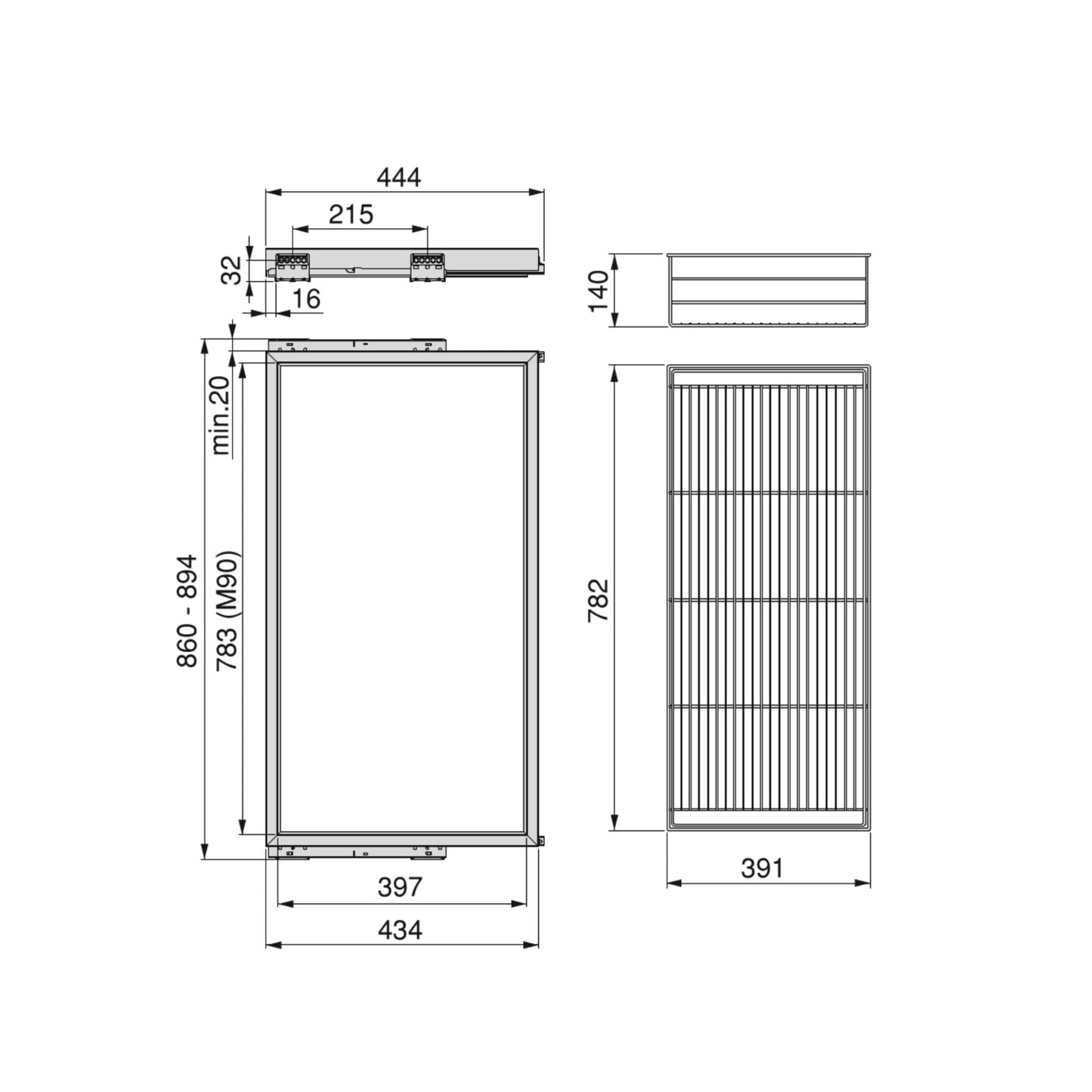 Emuca Kit di cestello in filo e telaio a scorrimento con chiusura ammortizzata per armadio, regolabile, modulo 900 mm, Grigio pietra