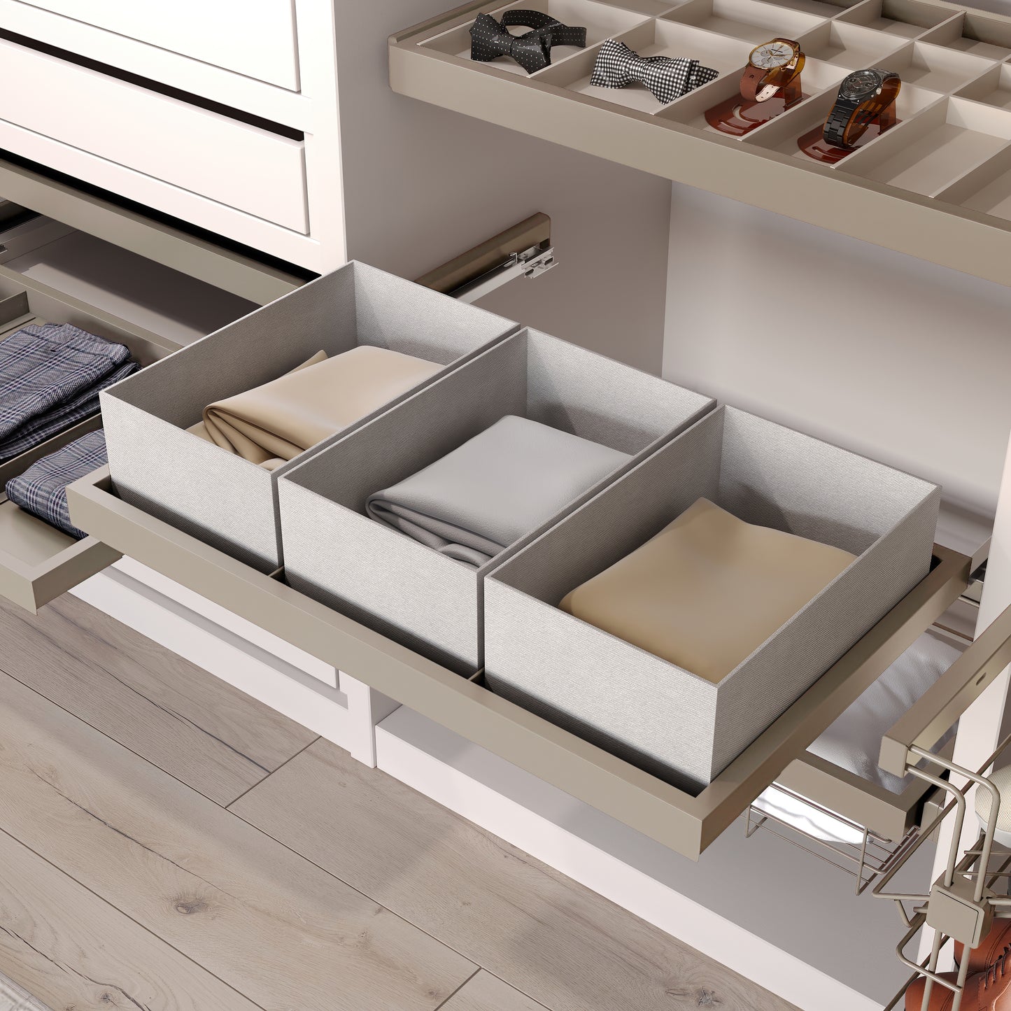 Emuca Kit di vassoio, 3 cestini organizzatori e telaio a scorrimento con chiusura ammortizzata per armadi, regolabile, modulo 900 mm, Grigio pietra