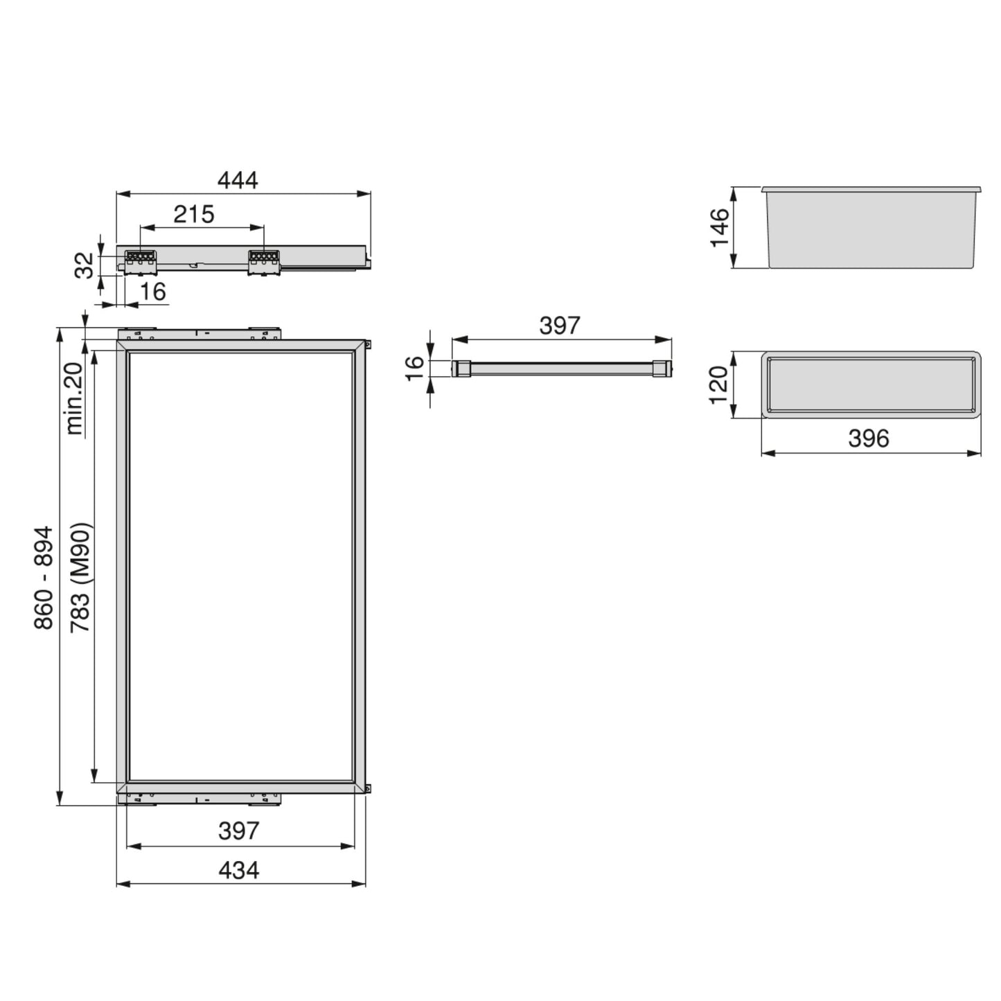 Emuca Kit di 7 aste portapantaloni, 2 vassoi e 1 telaio a scorrimento con chiusura ammortizzata per armadi, regolabile, modulo 900 mm, Grigio pietra