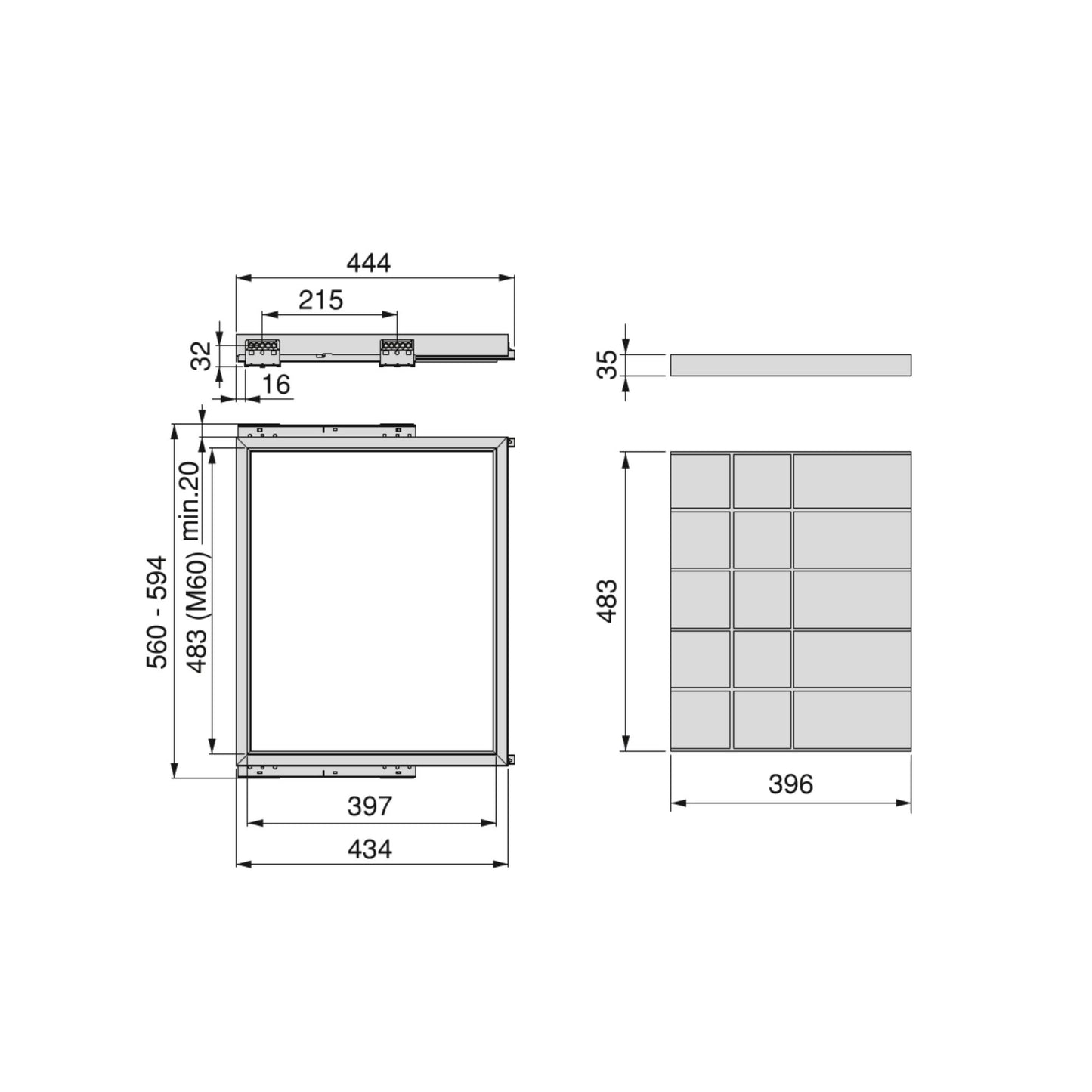 Emuca Kit di cassetto organizzatore e telaio a scorrimento con chiusura ammortizzata per armadio, regolabile, modulo 600 mm, Nero testurizzato e Grigio pietra