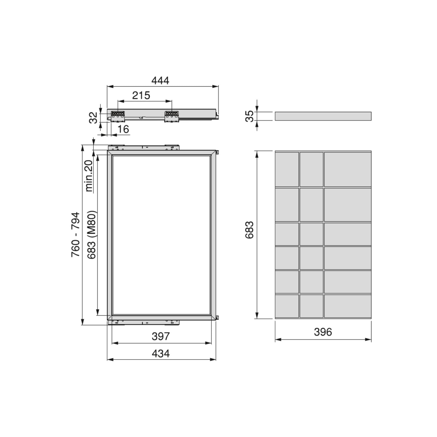 Emuca Kit di cassetto organizzatore e telaio a scorrimento con chiusura ammortizzata per armadio, regolabile, modulo 800 mm, Nero testurizzato e Grigio pietra