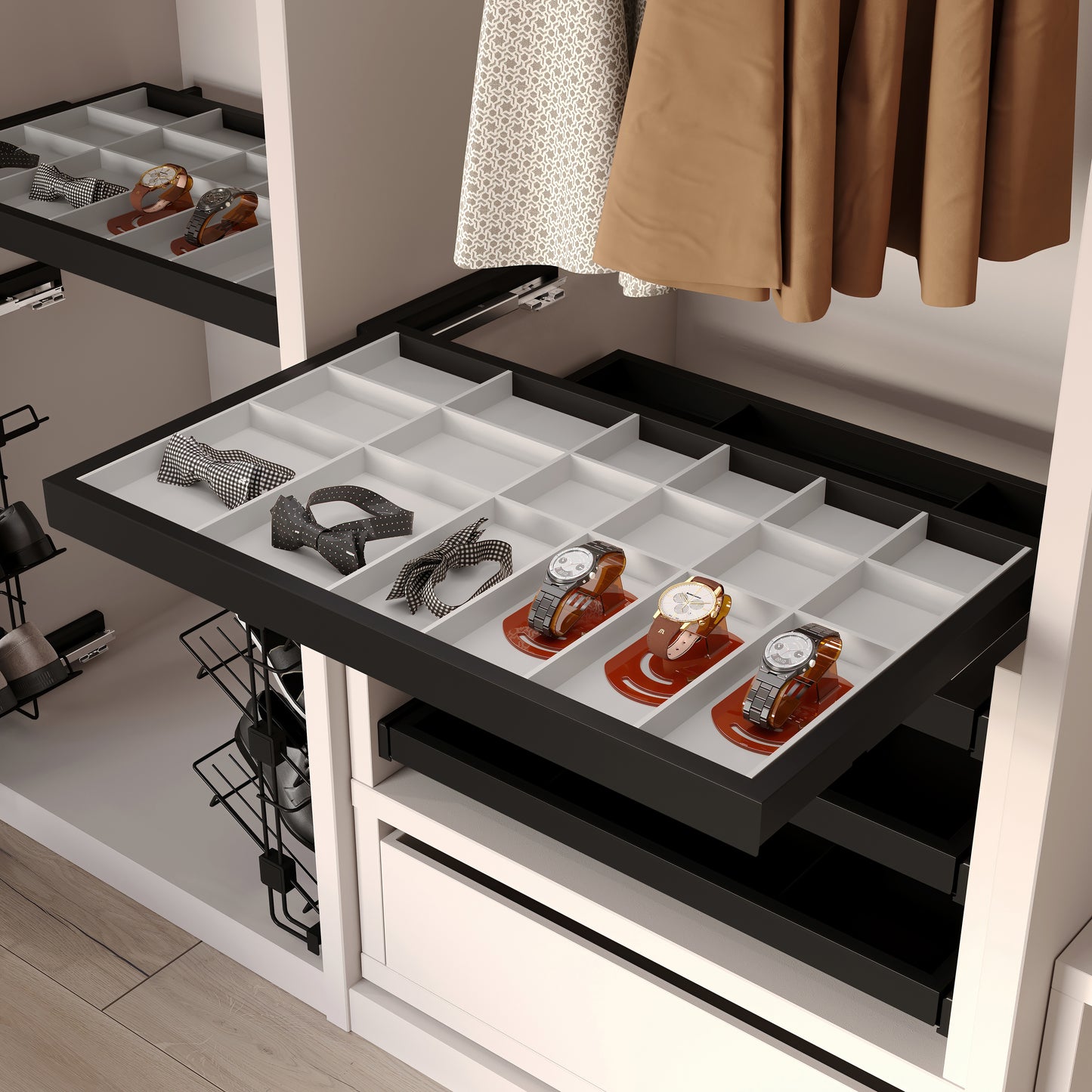 Emuca Kit di cassetto organizzatore e telaio a scorrimento con chiusura ammortizzata per armadio, regolabile, modulo 800 mm, Nero testurizzato e Grigio pietra