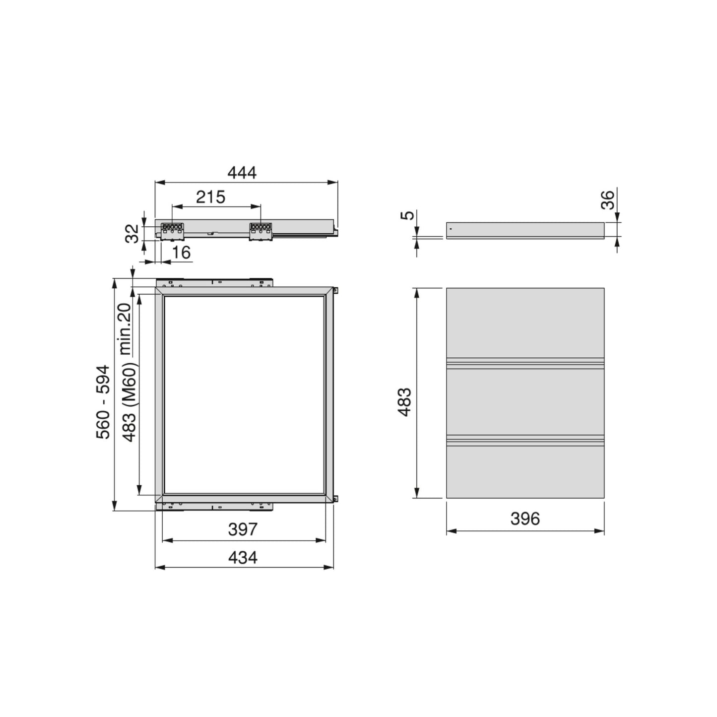 Emuca Kit di vassoio metallico e telaio a scorrimento con chiusura ammortizzata per armadio, regolabile, modulo 600 mm, Nero testurizzato